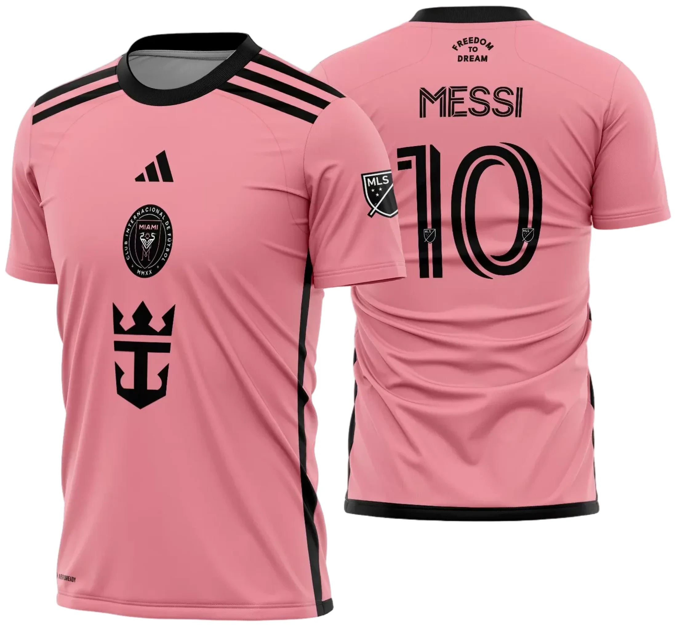 Camiseta unissex preta com logo no peito e estampa grande nas costas, tema Inter Miami Titular 2024-2025, ideal para torcedores que buscam estilo e autenticidade.