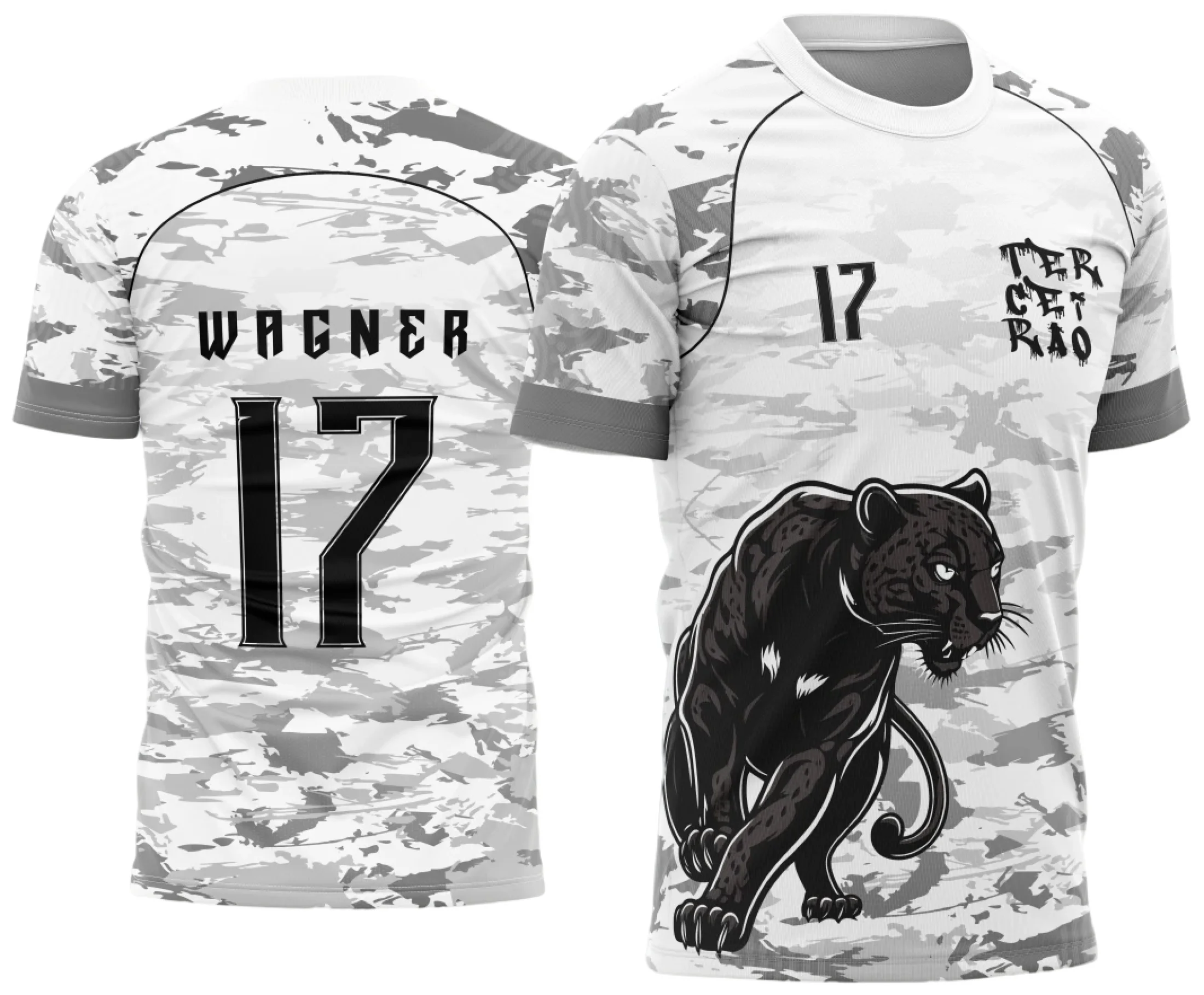 Camiseta unissex preta com logo no peito e estampa grande nas costas mostrando tema Pantera Negra com camuflagem, design moderno e arrojado, ideal para fãs e estilo casual.