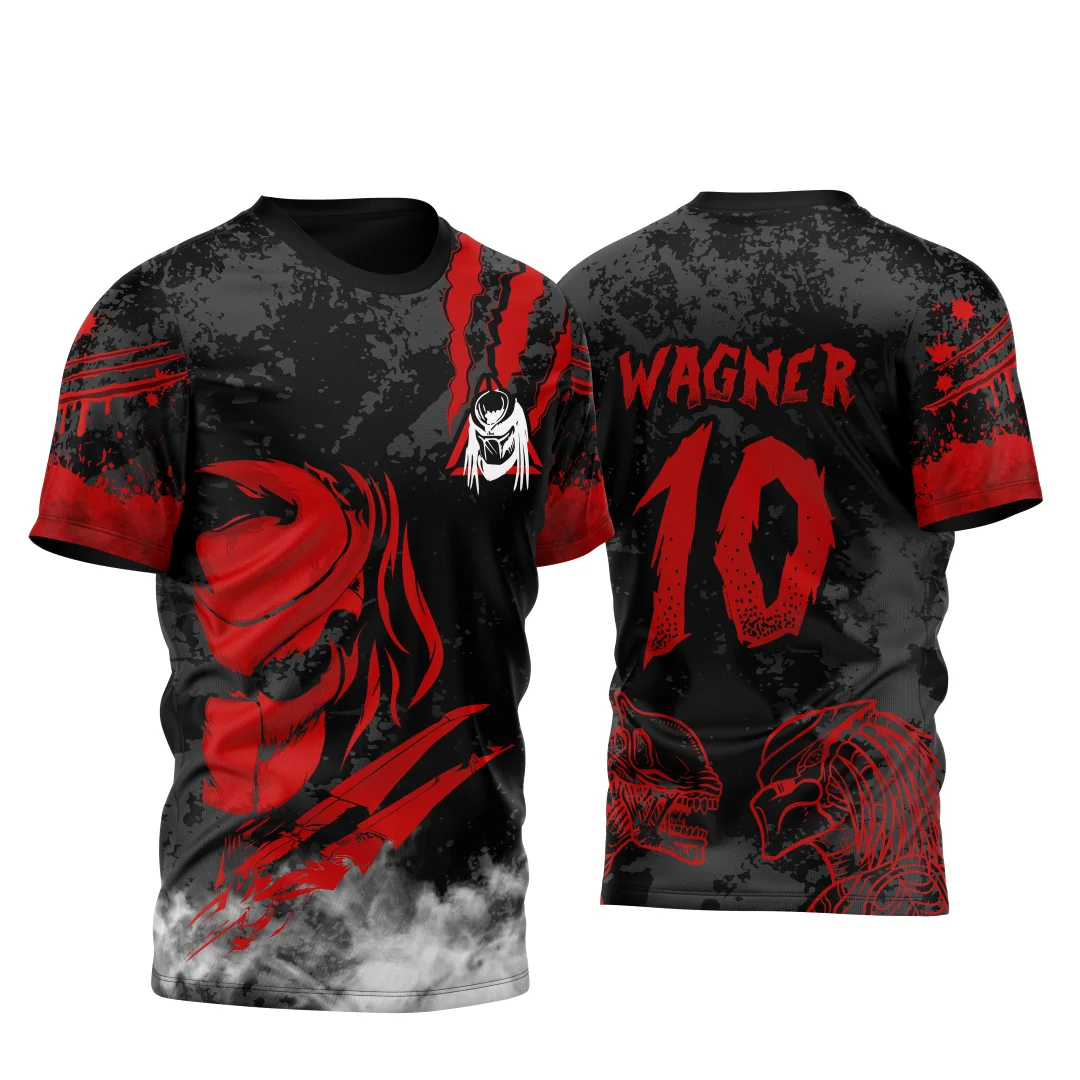 Camiseta unissex preta com logo no peito e estampa grande nas costas mostrando o Predador em ataque intenso, modelo 2 da coleção InterClasse 2023.