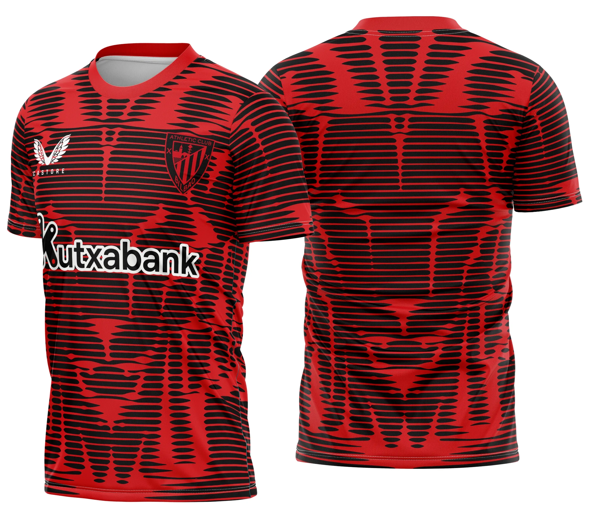 Camiseta unissex preta com logo no peito e estampa grande nas costas inspirada no Atletico de Bilbao Quarto Kit 2026, ideal para fãs e colecionadores.