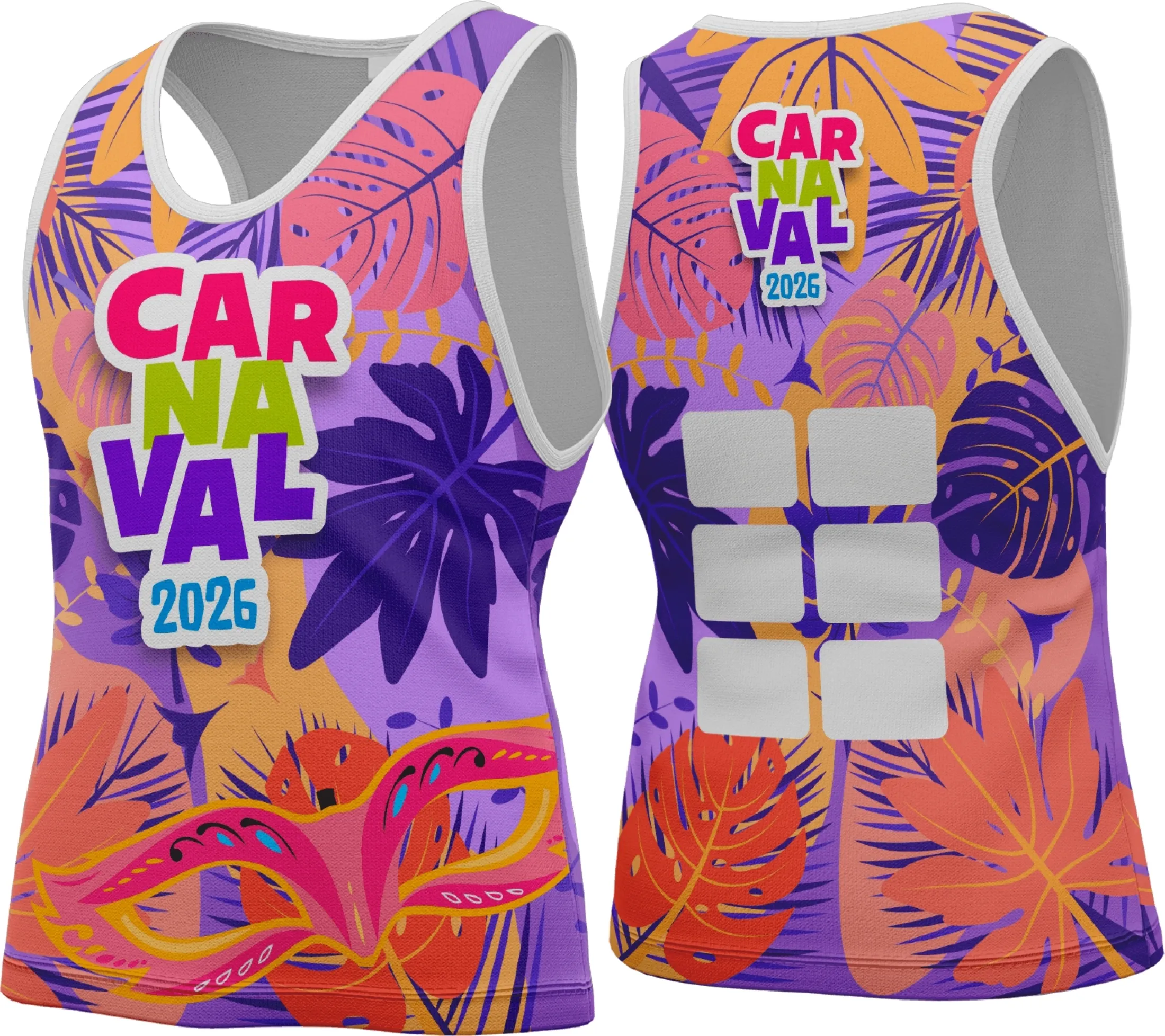 Camiseta unissex branca com logo no peito e estampa grande nas costas com tema de Abadá Carnaval 2026, ideal para festa e bloco, conforto e estilo garantidos.