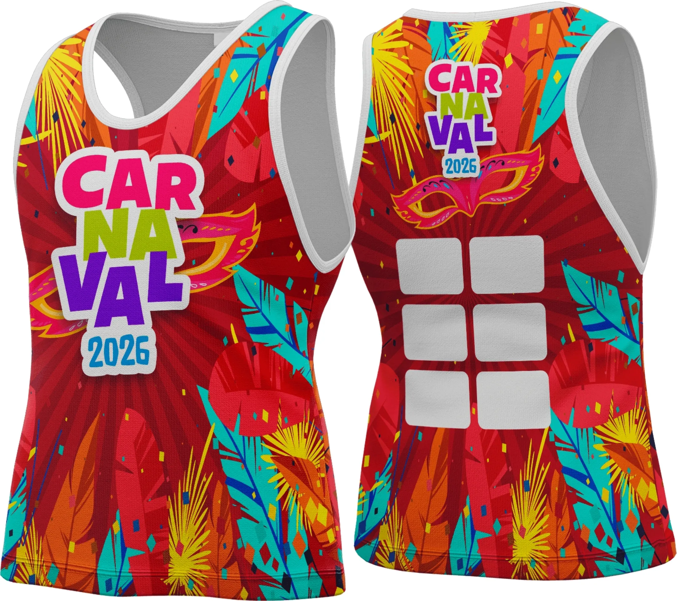 Camiseta unissex branca com logo no peito e estampa grande nas costas com tema Abadá Carnaval 2026, perfeita para a folia, confortável e estilosa.