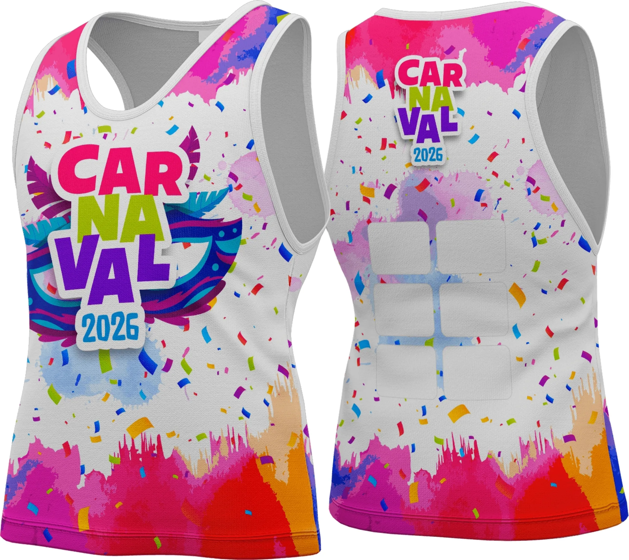 Camiseta unissex branca com logo no peito e estampa grande nas costas inspirada no tema Camisa Abadá Carnaval 2026, ideal para celebrar o Carnaval com estilo e conforto.