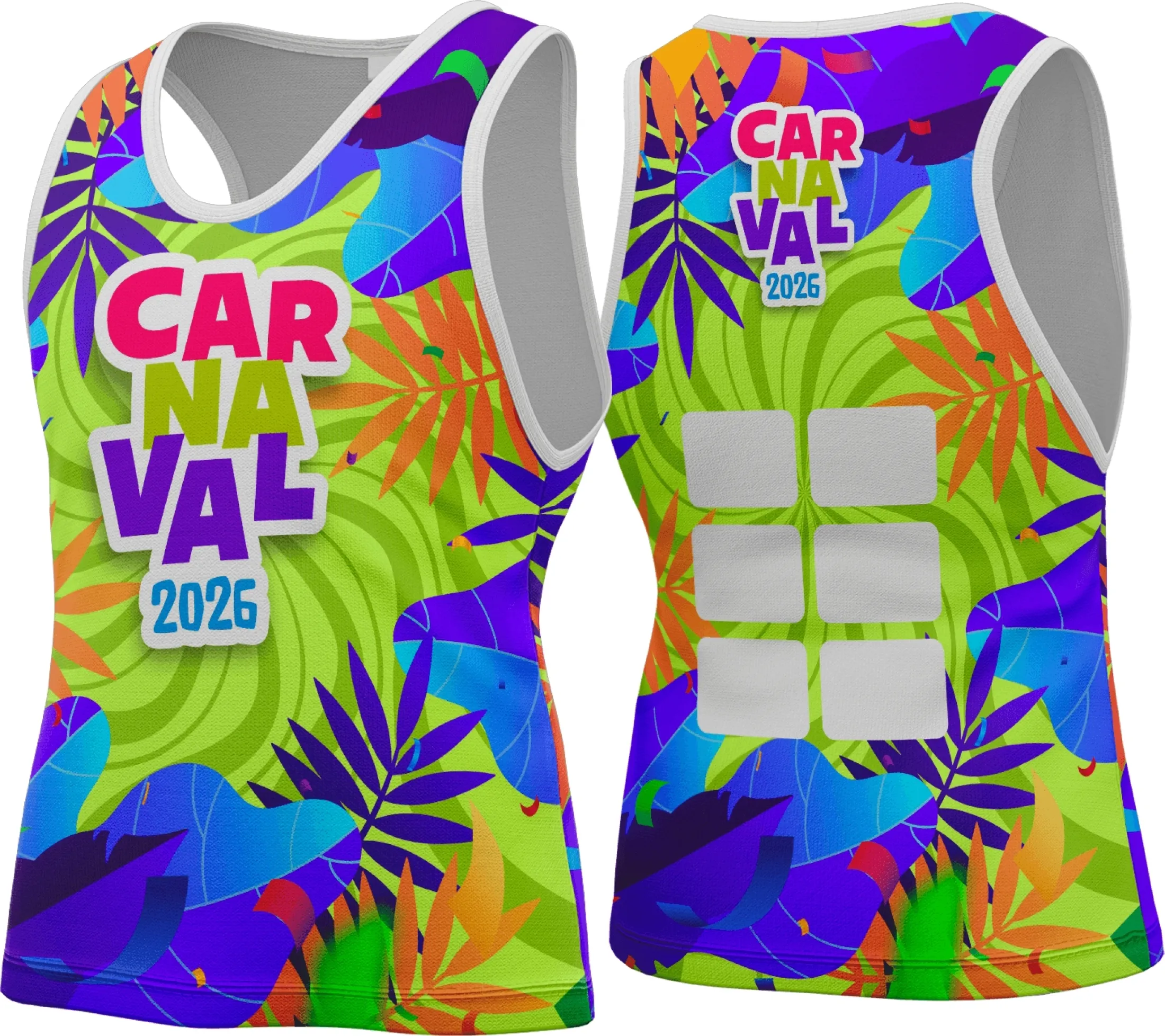 Camiseta unissex branca com logo no peito e estampa grande nas costas do tema Camisa Abadá Carnaval 2026, ideal para festas e eventos carnavalescos com estilo vibrante e alegre.