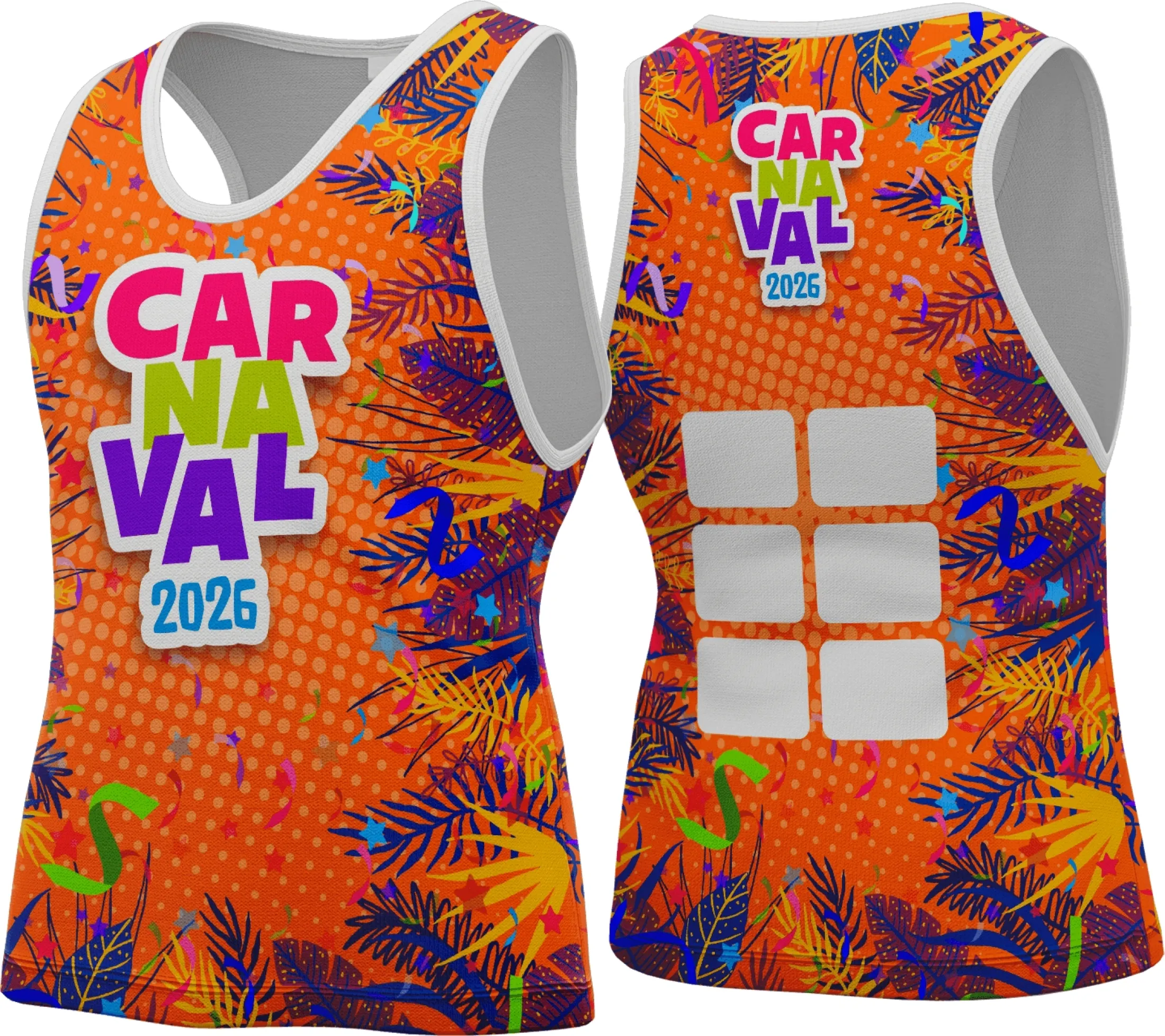 Camiseta unissex com cor base branca, logo no peito e estampa grande nas costas, tema Abadá Carnaval 2026, ideal para a folia com estilo vibrante e alegre.