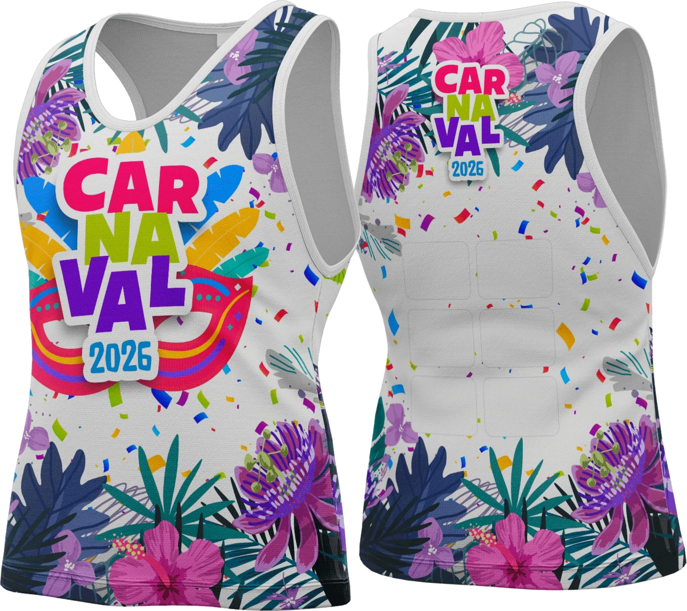 Camiseta unissex branca com logo no peito e estampa grande nas costas, tema Abadá Carnaval 2026, design vibrante em cores fortes ideal para festa e descontração.