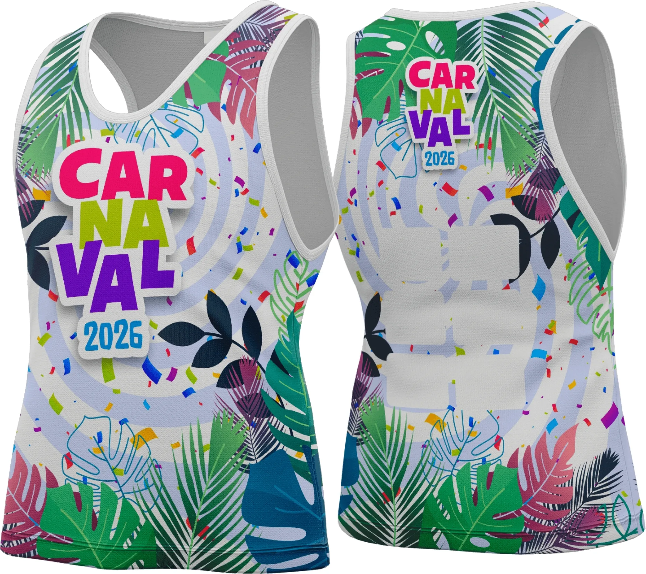 Camiseta unissex preta com logo no peito e estampa grande nas costas do tema Abadá Carnaval 2026, ideal para festas e blocos, confortável e com design vibrante para a folia.
