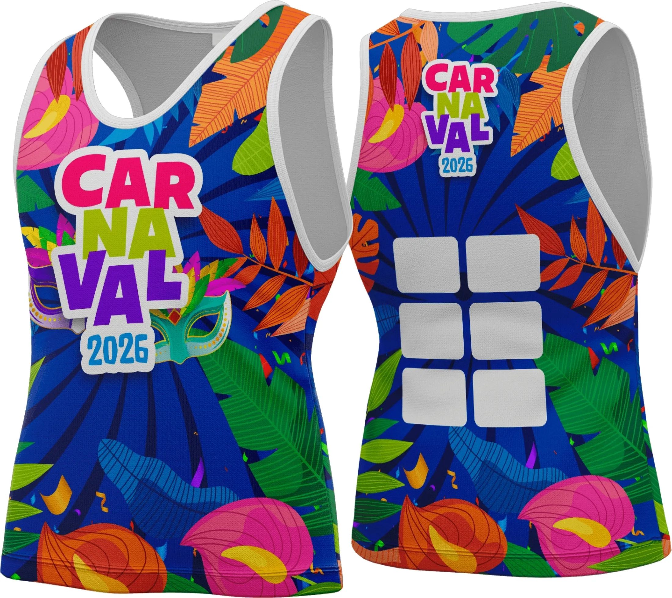 Camiseta unissex branca com logo no peito e estampa grande nas costas com tema Abadá Carnaval 2026, destaque para design vibrante e alegre, ideal para festas e blocos.