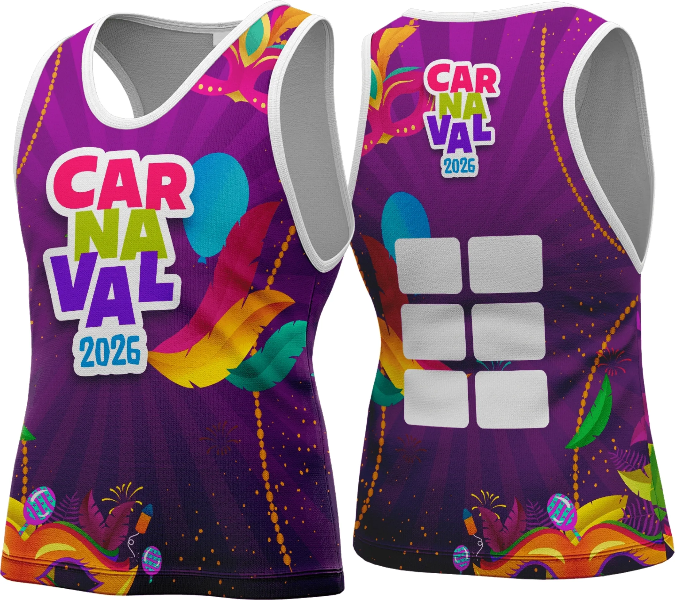 Camiseta unissex branca com logo no peito e estampa grande nas costas inspirada no Abadá Carnaval 2026, design vibrante, ideal para festa e folia.