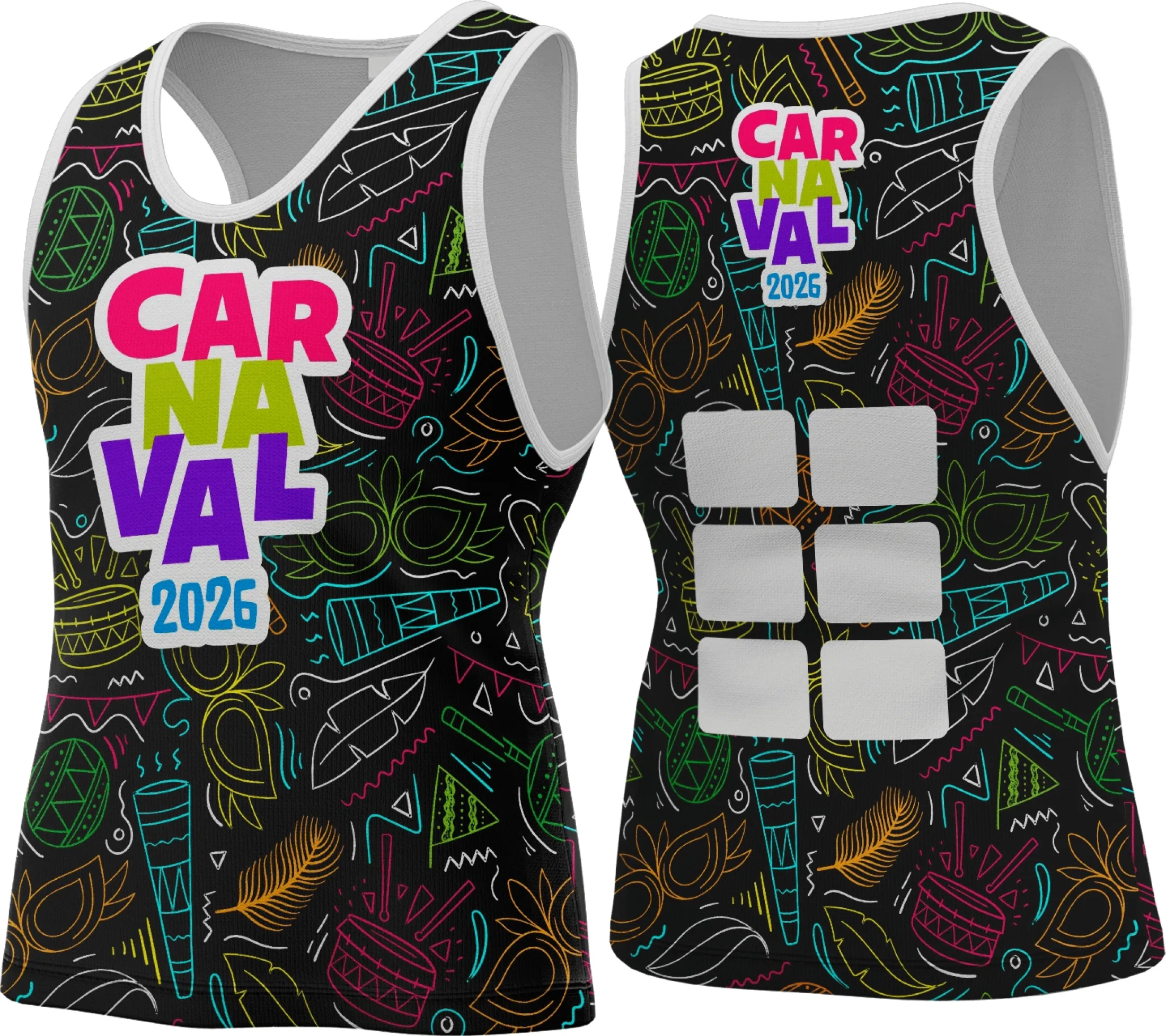 Camiseta unissex branca com logo no peito e estampa grande nas costas inspirada no Carnaval 2026, visual vibrante e alegre, perfeita para festa e bloco de rua.