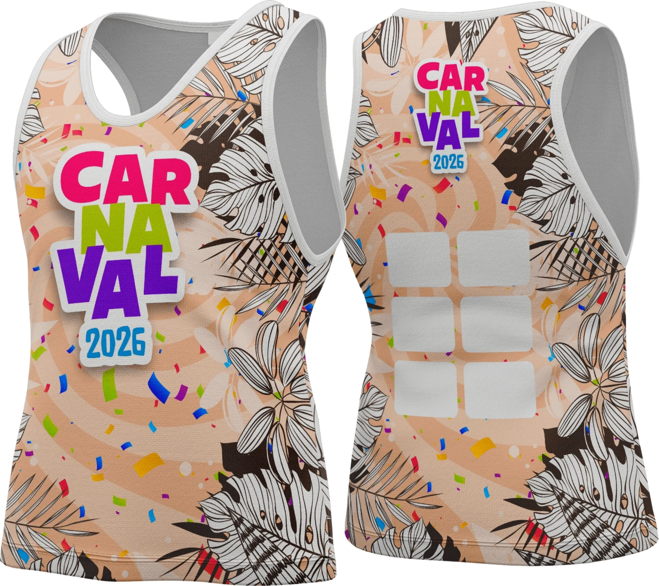Camiseta unissex com logo no peito e estampa grande nas costas em tema Abadá Carnaval 2026, com cor base branca, ideal para curtir o carnaval com estilo e conforto.