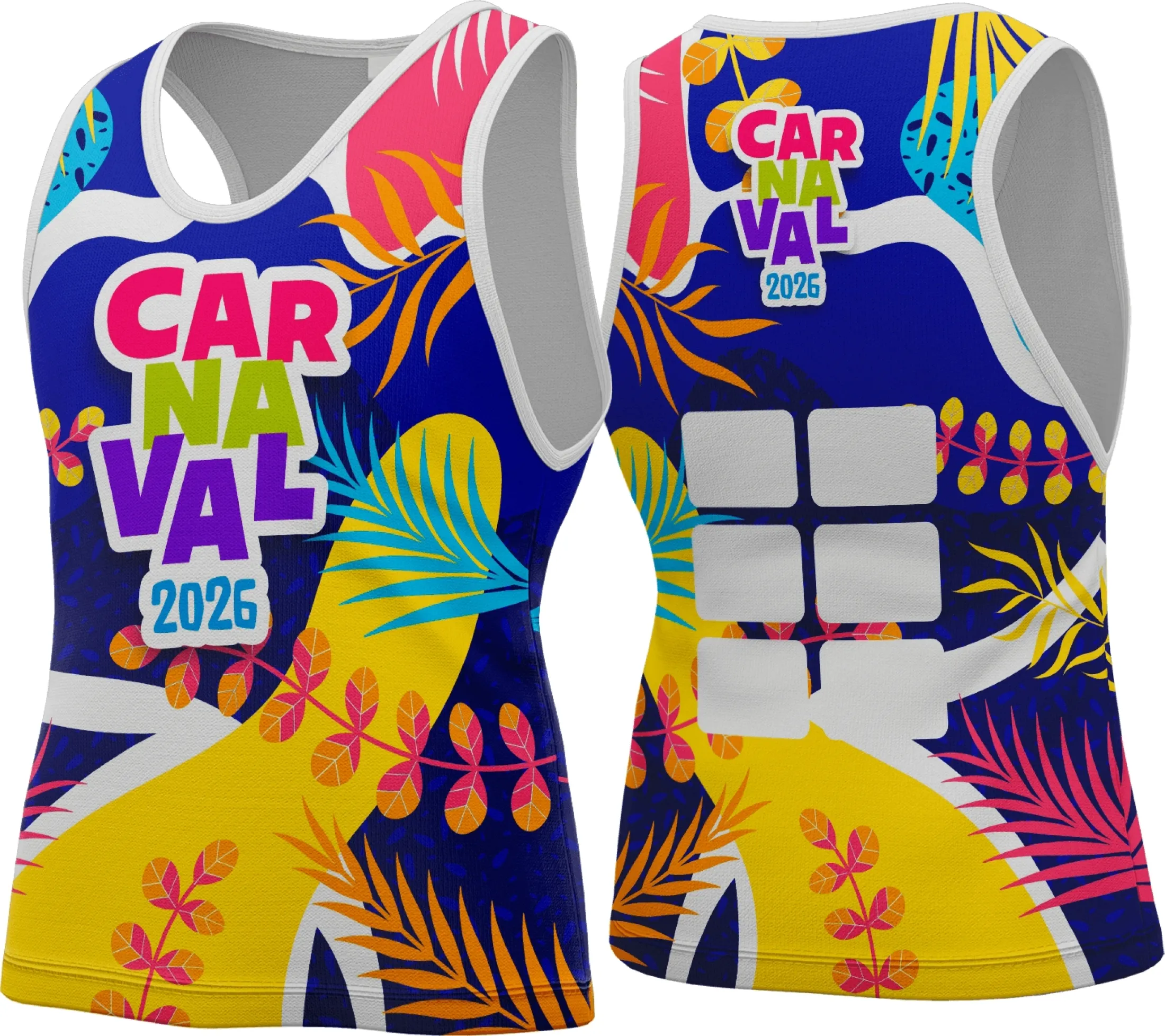 Camiseta unissex branca com logo no peito e estampa grande nas costas inspirada no Abadá Carnaval 2026, visual vibrante e perfeito para festas e blocos em clima de Carnaval.