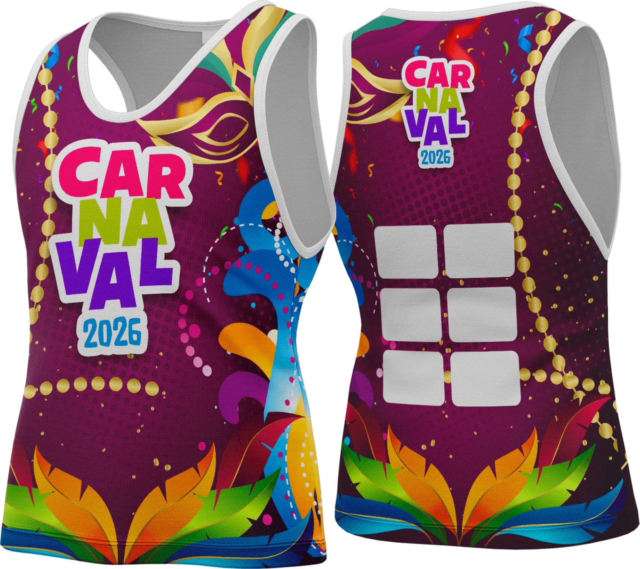 Camiseta unissex branca com logo no peito e estampa grande nas costas inspirada no tema Carnaval 2026, ideal para festas e blocos, com design vibrante e moderno.