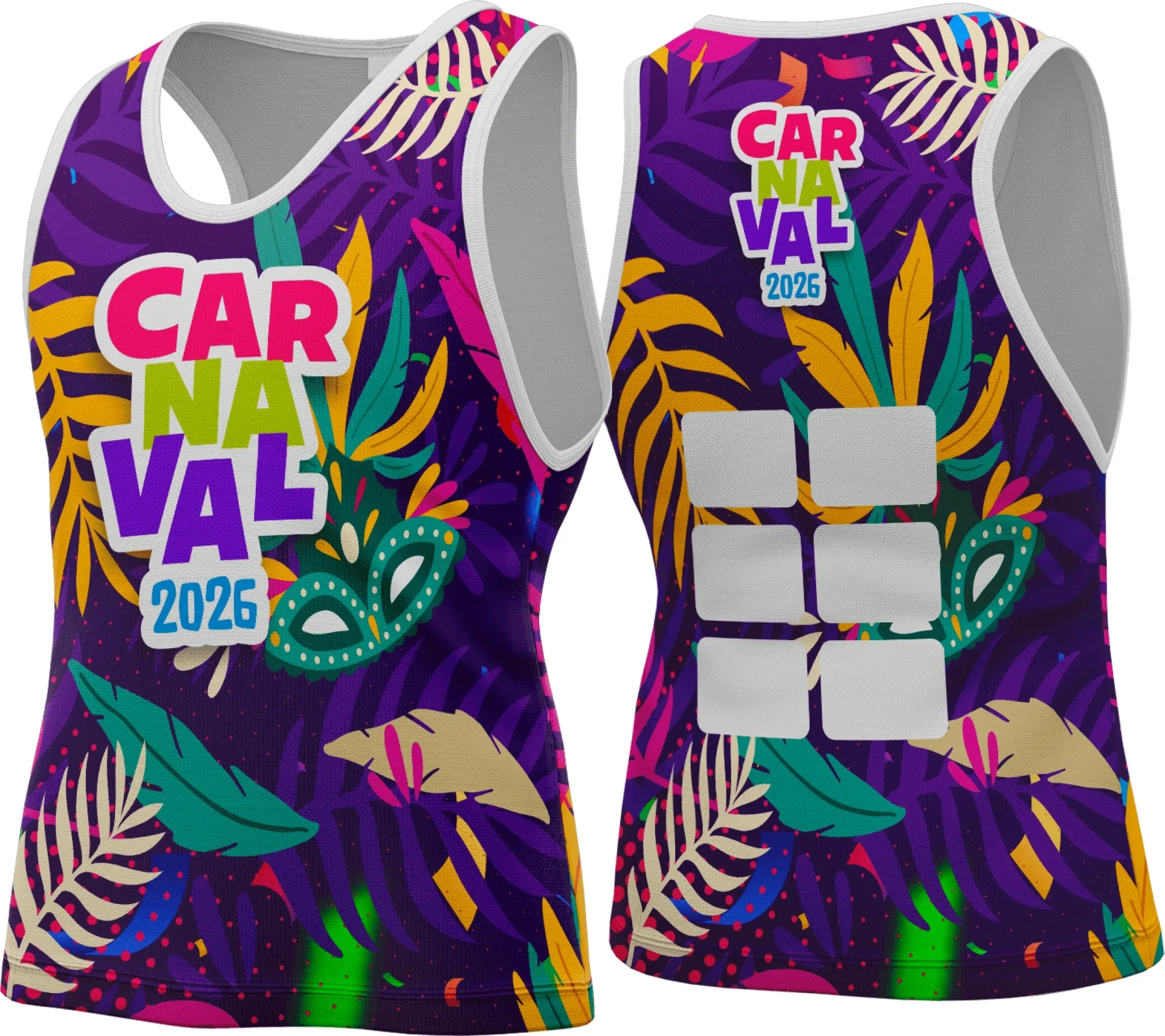 Camiseta unissex preta com logo no peito e estampa grande nas costas com tema Abadá Carnaval 2026, destacando cores vibrantes e design festivo para o carnaval.