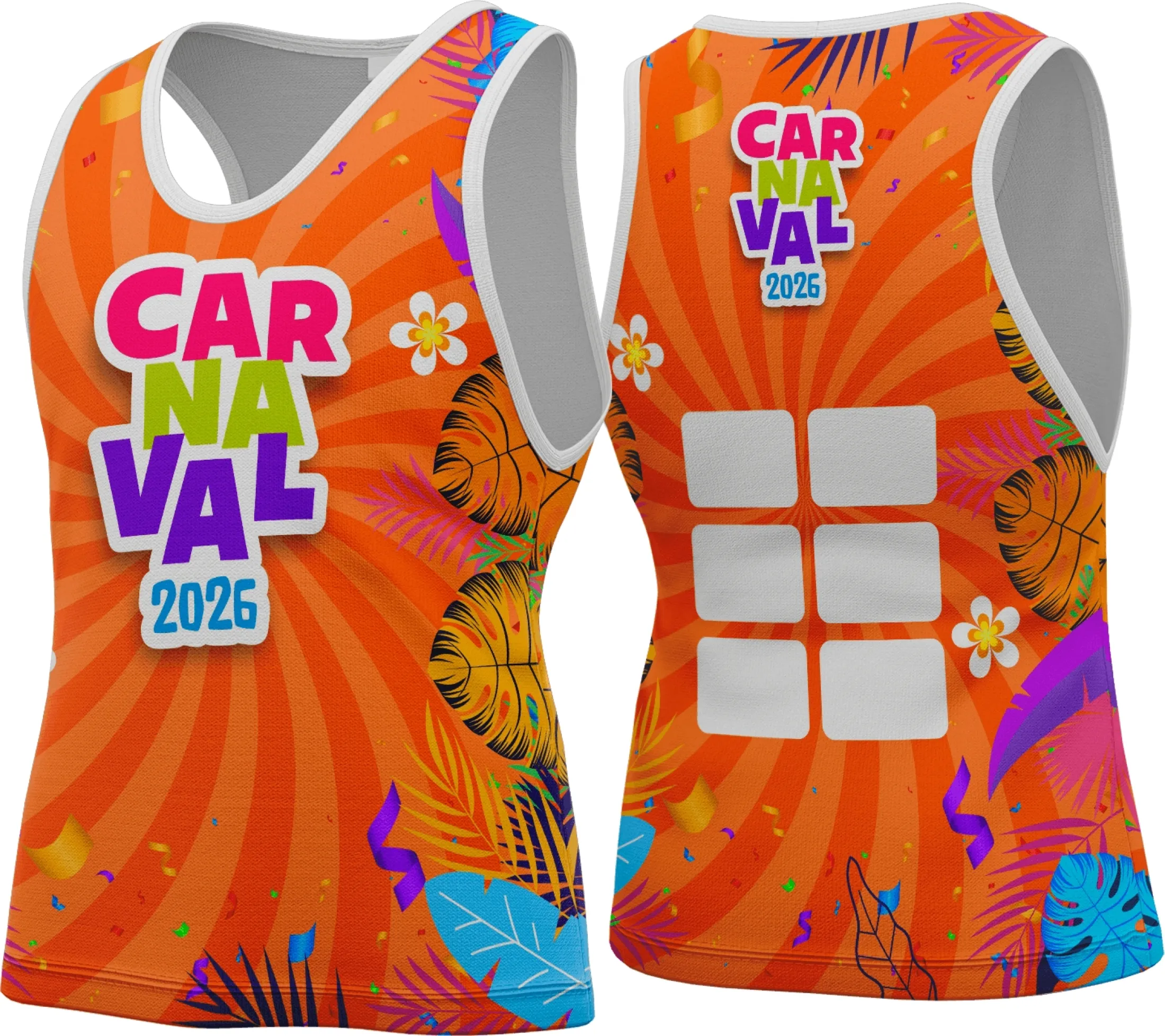 Camiseta unissex branca com logo no peito e estampa grande nas costas temática do Carnaval 2026, ideal para festas e eventos com estilo vibrante e colorido.