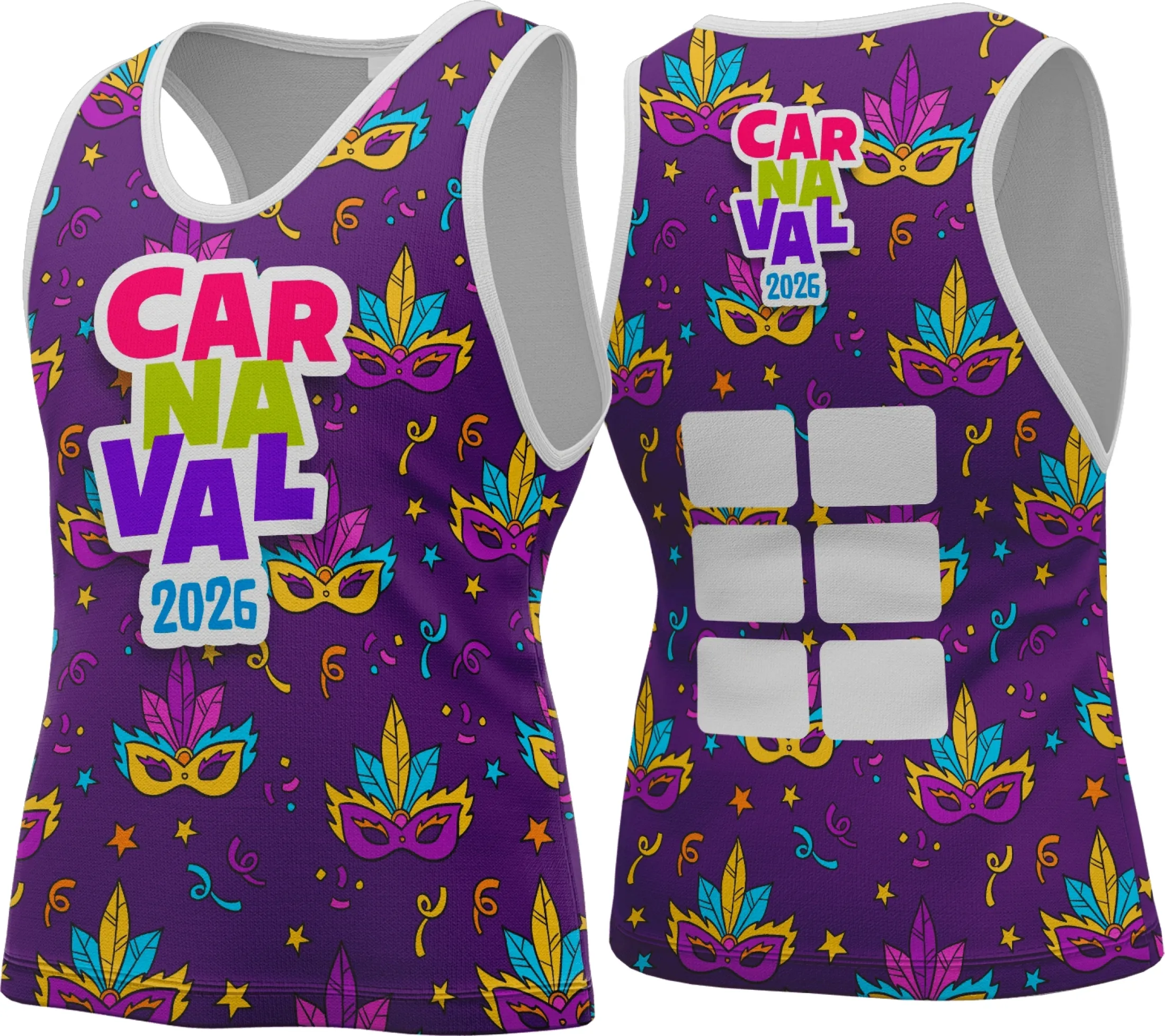 Camiseta unissex branca com logo no peito e estampa grande nas costas com tema Abadá Carnaval 2026, ideal para festa carnavalesca com design vibrante e alegre.