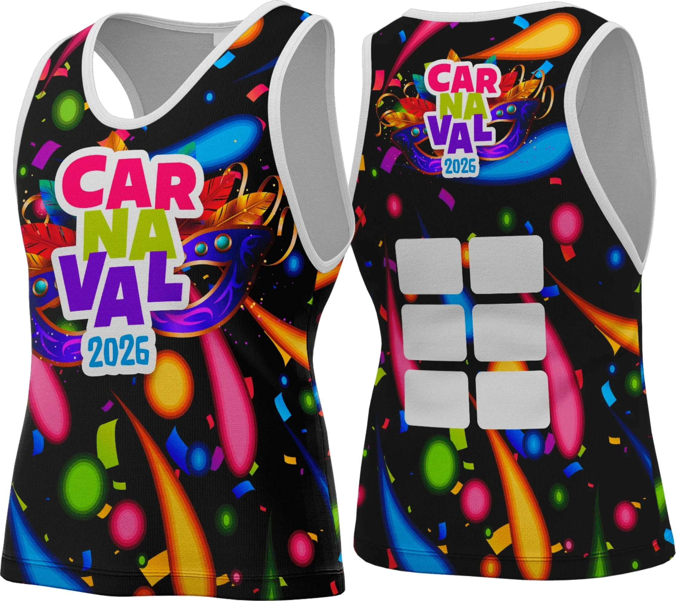 Camiseta unissex branca com logo no peito e estampa grande nas costas inspirada no Carnaval 2026, destacando cores vibrantes e design moderno para folia.