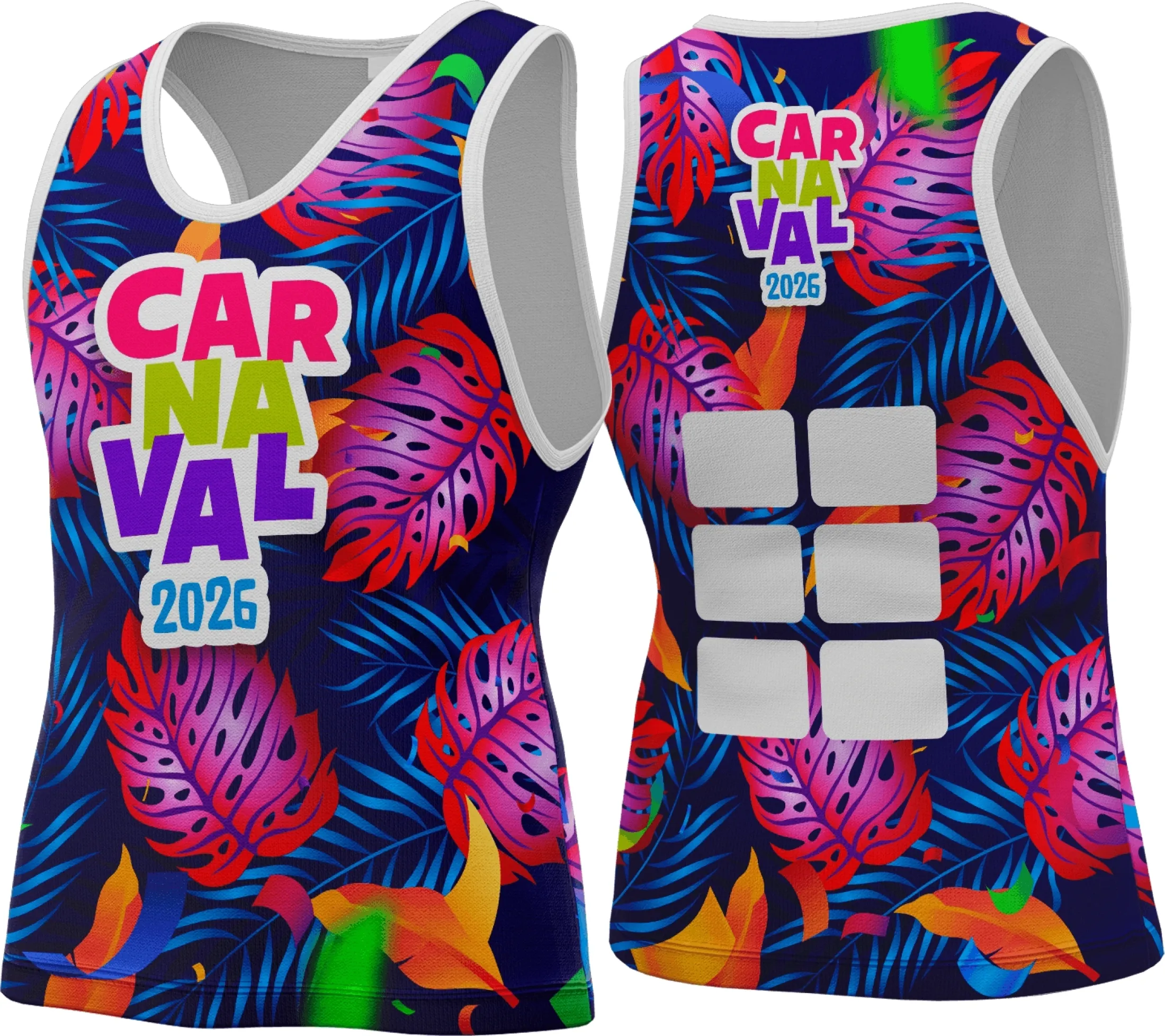 Camisa unissex branca com logo no peito e estampa grande nas costas inspirada no Carnaval 2026, destacando cores vibrantes e design festivo, perfeita para o carnaval ou qualquer celebração animada.