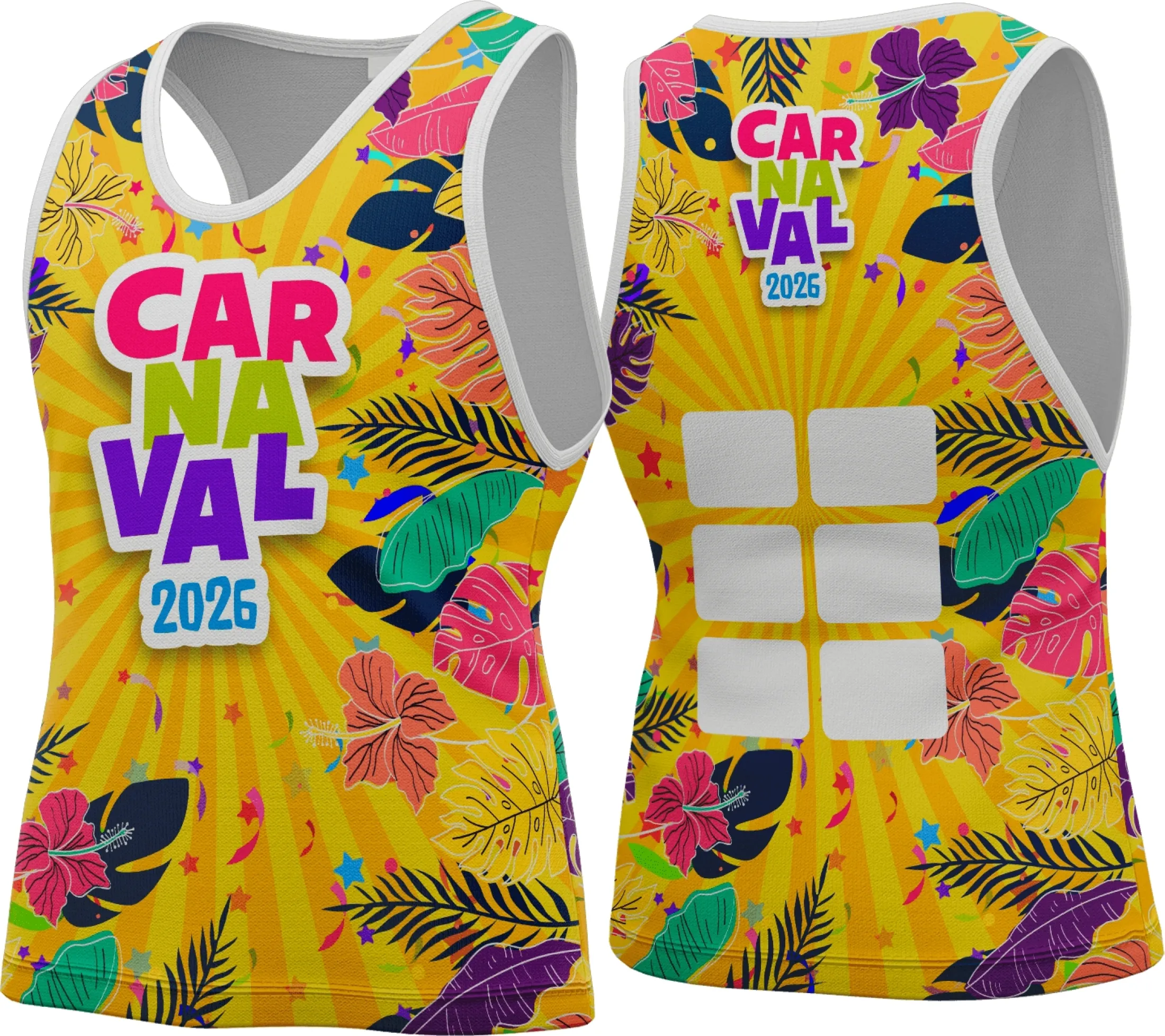 Camiseta unissex branca com logo no peito e estampa grande nas costas com tema de Abadá Carnaval 2026, ideal para quem quer brilhar na folia com estilo e conforto.
