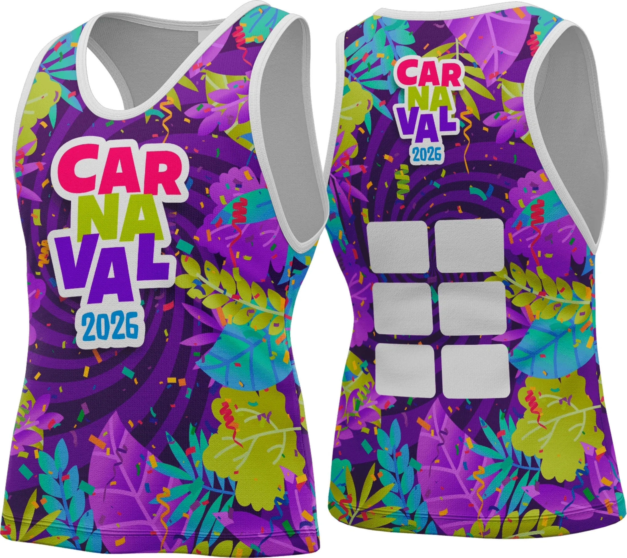 Camiseta unissex branca com logo no peito e estampa grande nas costas representando o tema Camisa Abadá Carnaval 2026, perfeita para folia e conforto durante o carnaval.