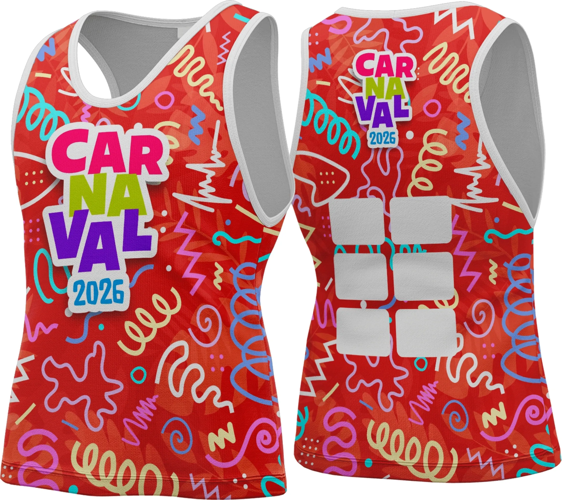 Camiseta unissex branca com logo no peito e estampa grande nas costas com tema Abadá Carnaval 2026 vibrante e colorido, ideal para festas e blocos carnavalescos.