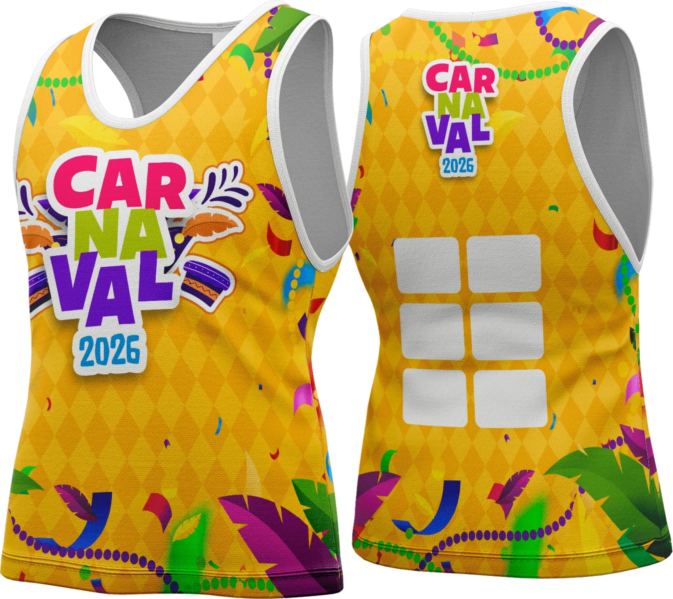 Camiseta unissex branca com logo no peito e estampa grande nas costas temática do Carnaval 2026, ideal para abadá, vibrante e colorida, perfeita para curtir a folia com estilo e conforto.