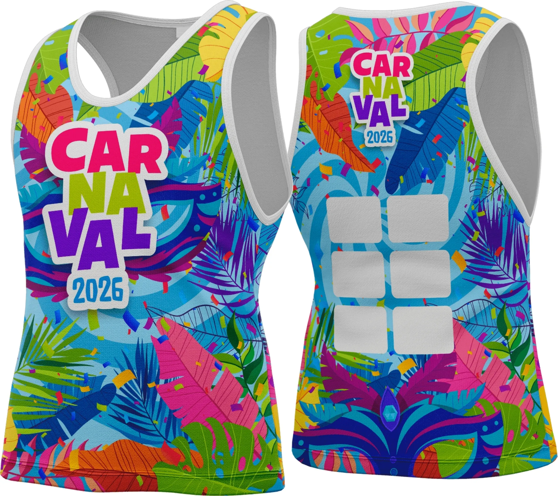 Camiseta unissex com logo no peito e estampa grande nas costas, tema Abadá Carnaval 2026, cor base branca, perfeita para comemorar o Carnaval com estilo e conforto.