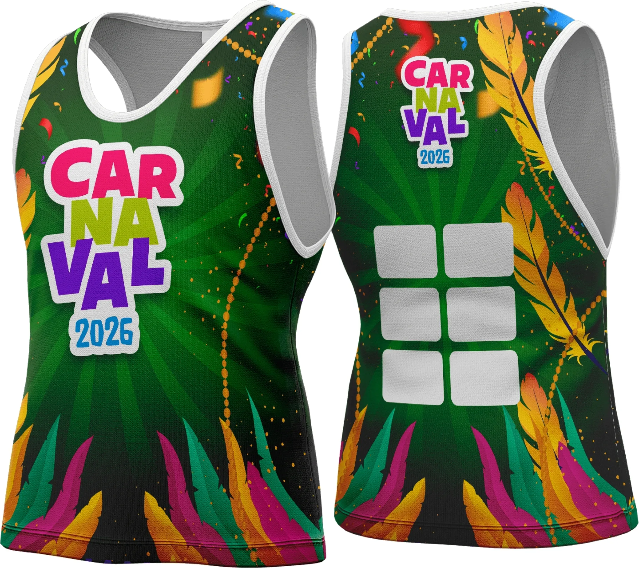 Camisa camiseta unissex branca com logo no peito e estampa grande nas costas com tema Abadá Carnaval 2026 vibrante e colorido, perfeita para curtir festas com estilo e conforto.