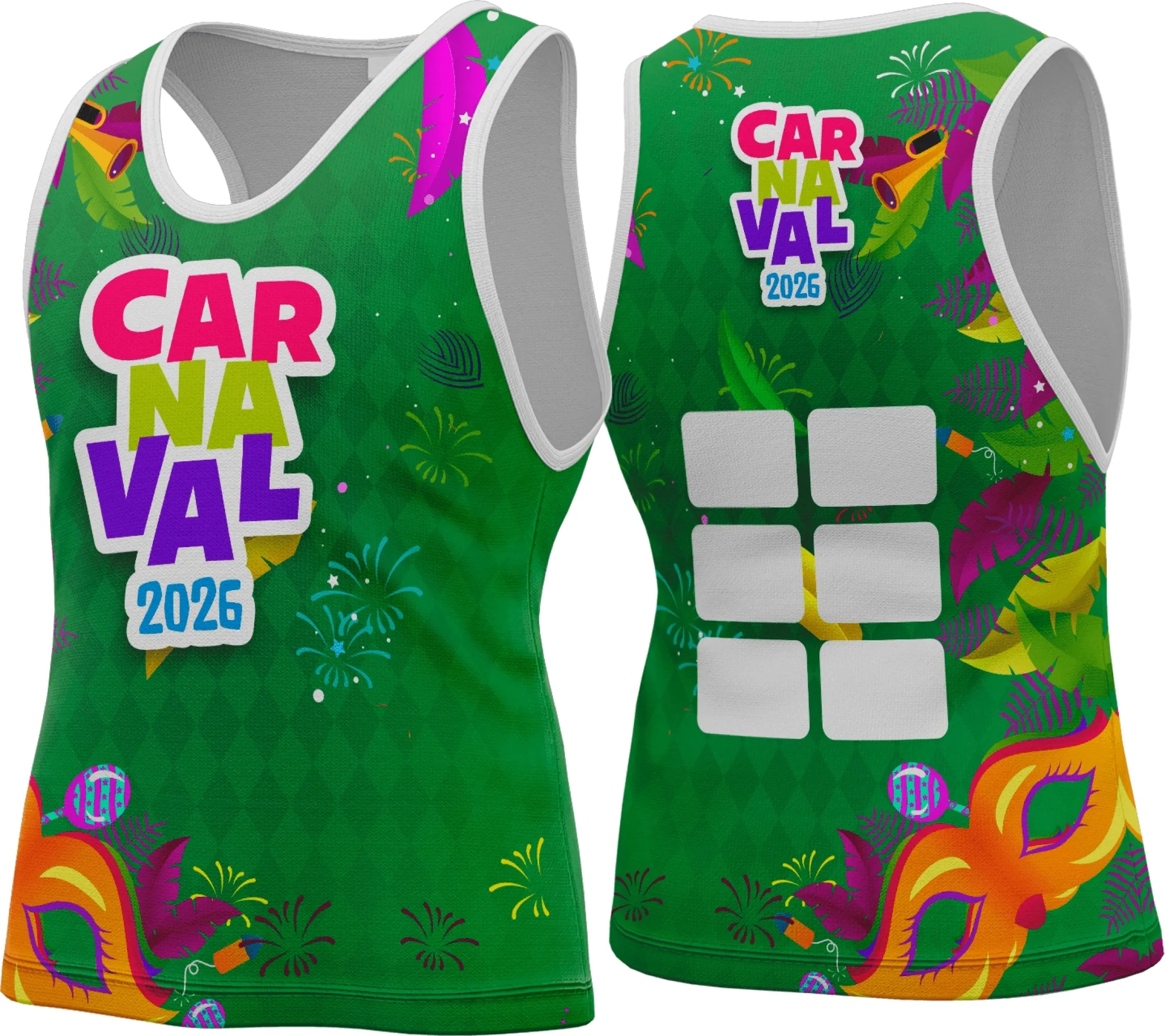 Camiseta unissex branca com logo no peito e estampa grande nas costas inspirada no tema Abadá Carnaval 2026, design vibrante e alegre para curtir a folia com estilo e conforto.