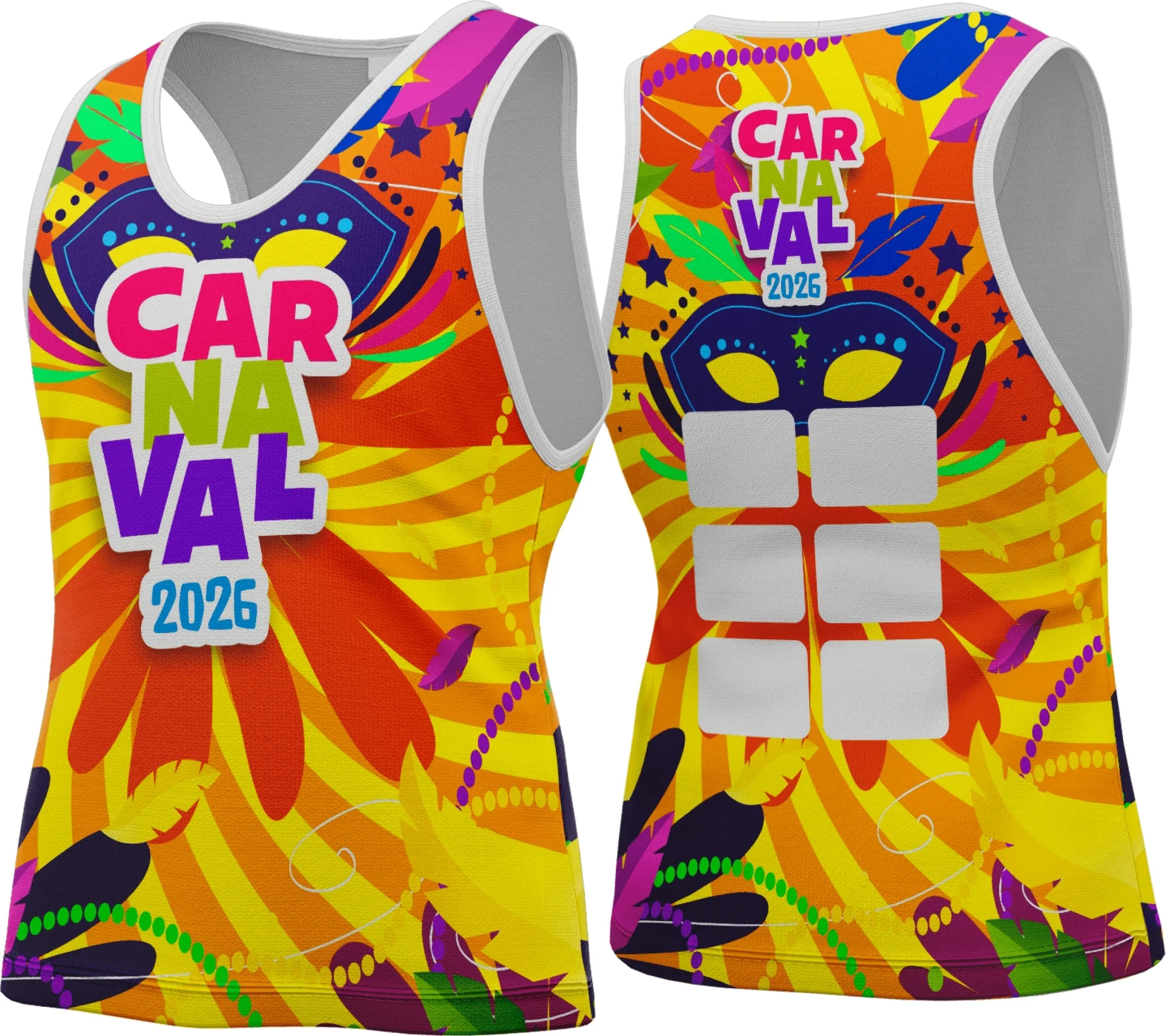 Camiseta unissex branca com logo no peito e estampa grande nas costas destacando o tema Carnaval 2026, ideal para festas e blocos, com visual vibrante e moderno.