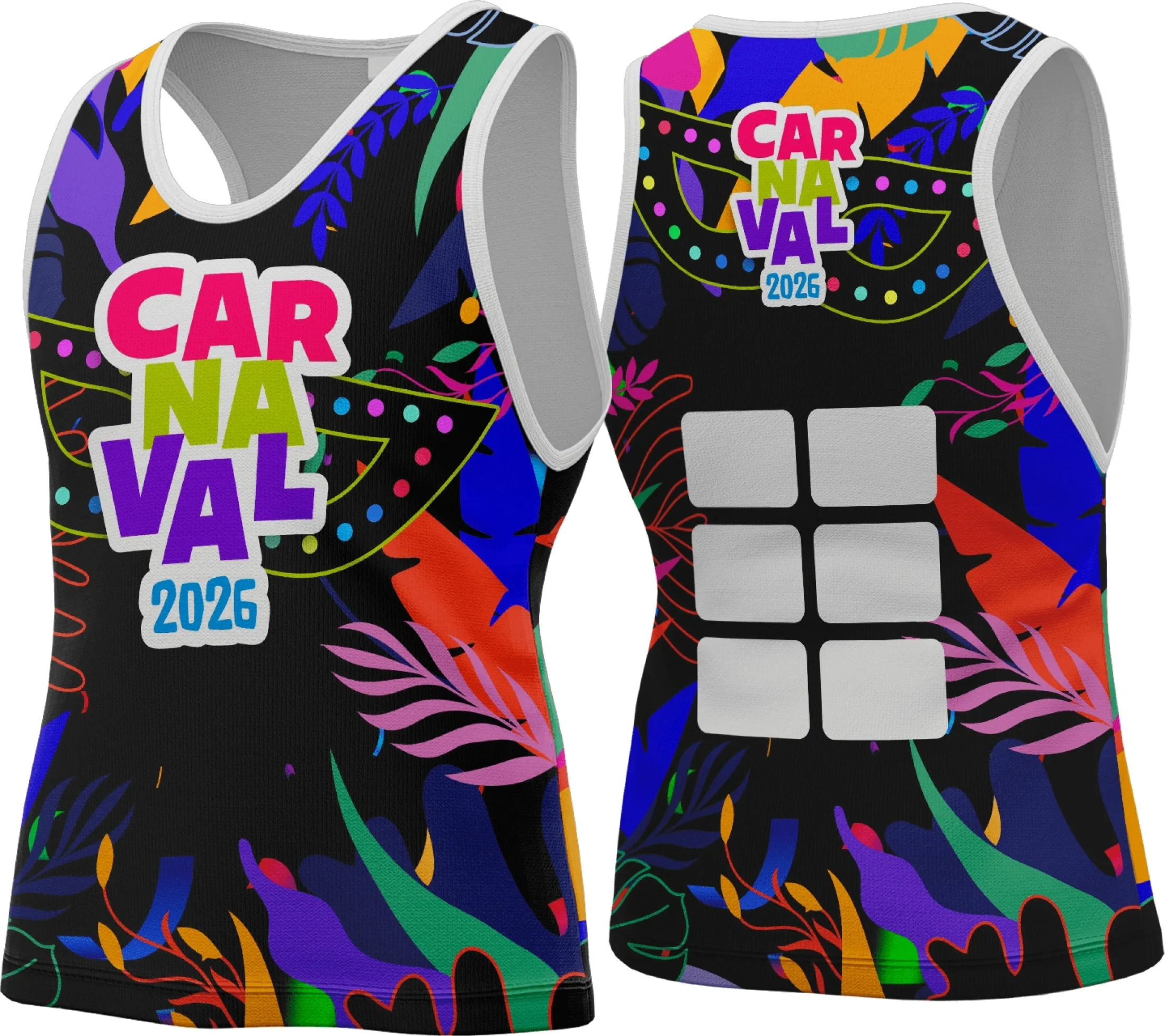 Foto de camiseta unissex branca com logo no peito e estampa grande nas costas com tema Abadá Carnaval 2026, ideal para quem quer se destacar na folia com conforto e estilo.