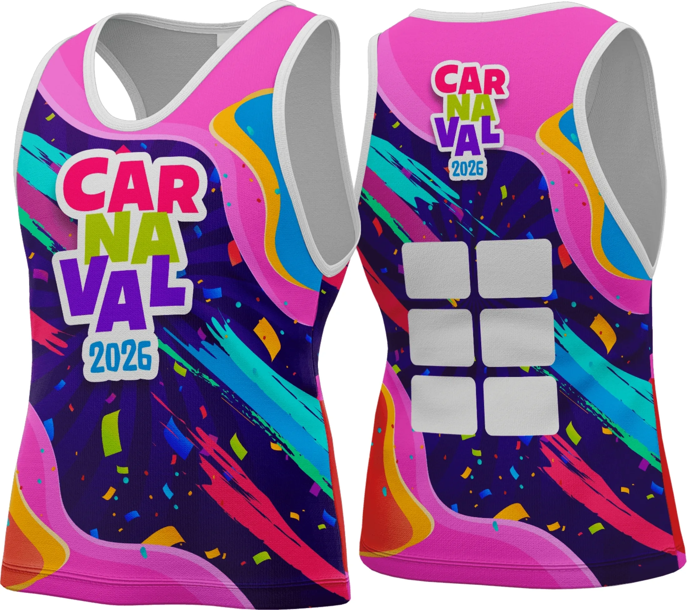 Camiseta unissex branca com logo no peito e estampa grande nas costas em tema Abadá Carnaval 2026, ideal para festas e blocos de rua.