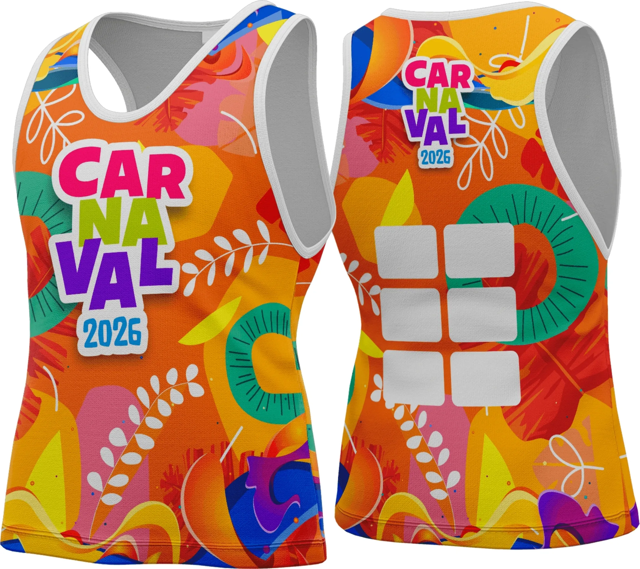 Camiseta unissex branca com logo no peito e estampa grande nas costas, temática Abadá Carnaval 2026, mostrando estilo vibrante e alegre para folia.