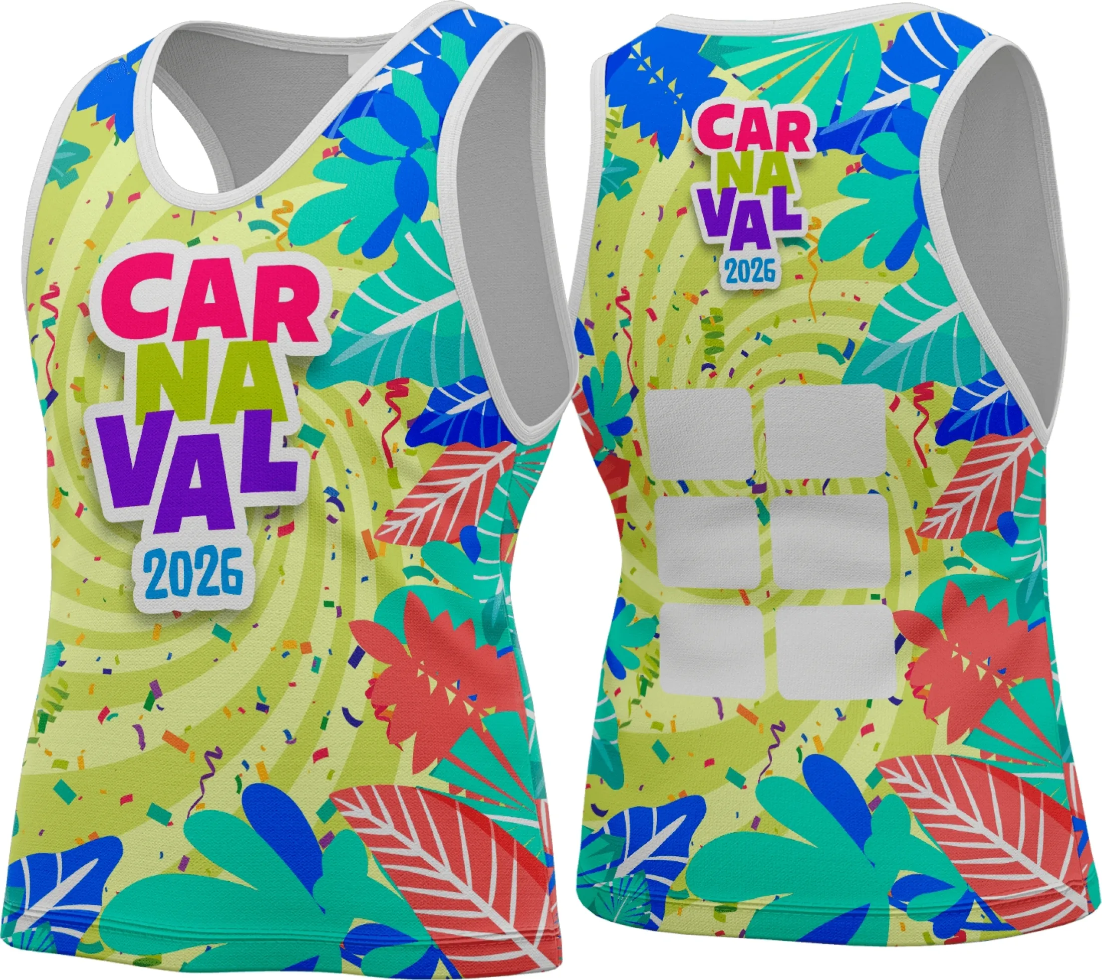 Camiseta unissex branca com logo no peito e estampa grande nas costas, tema Camisa Abadá Carnaval 2026 colorida e vibrante, ideal para curtir o carnaval com estilo.