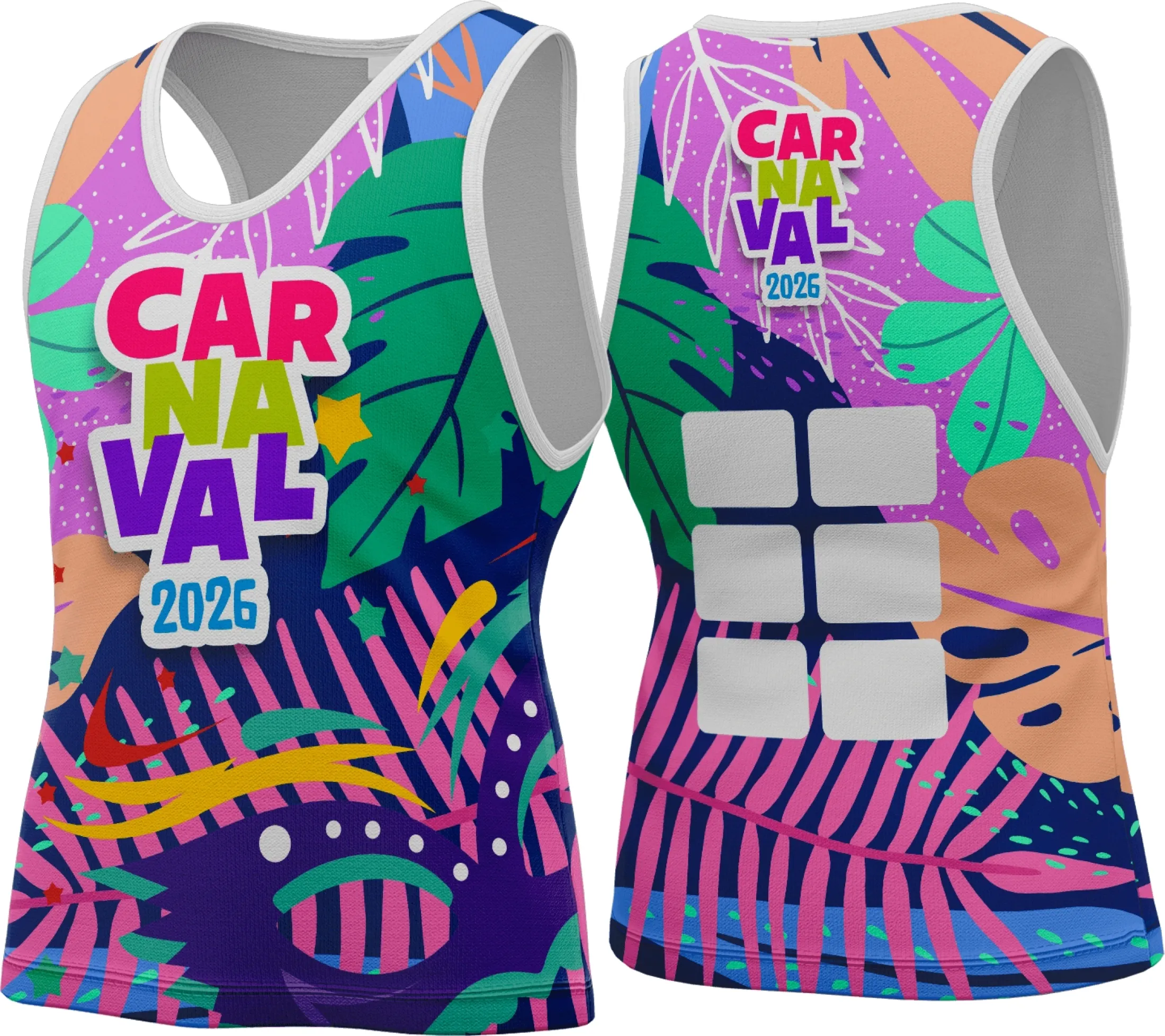 Camiseta unissex branca com logo no peito e estampa grande nas costas, celebrando o tema Abadá Carnaval 2026, perfeita para curtir a folia com estilo e conforto.