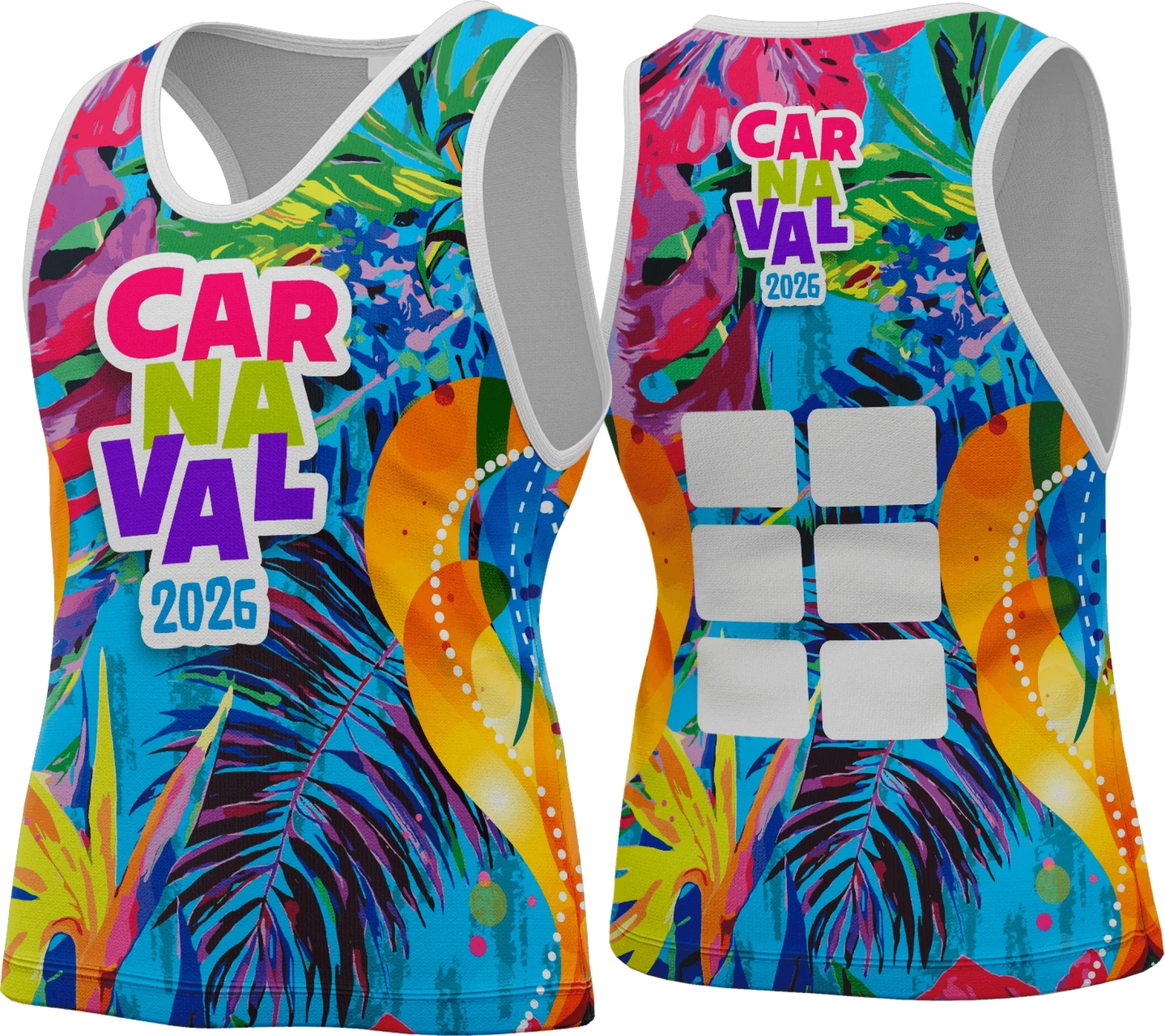 Camiseta unissex branca com logo no peito e estampa grande nas costas com tema Abadá Carnaval 2026, ideal para a festa, confortável e cheia de estilo.