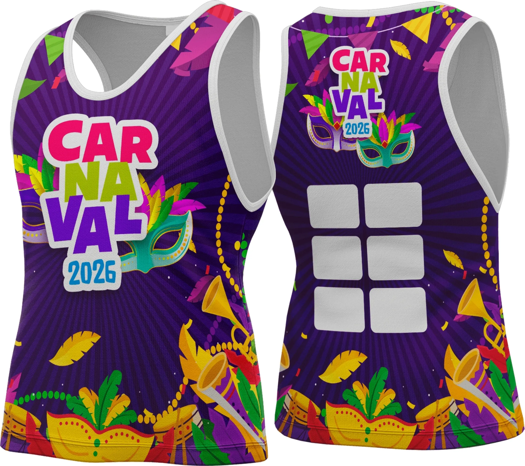 Camiseta unissex preta com logo no peito e estampa grande nas costas, tema Abadá Carnaval 2026, ideal para folia e eventos festivos com design vibrante e moderno.
