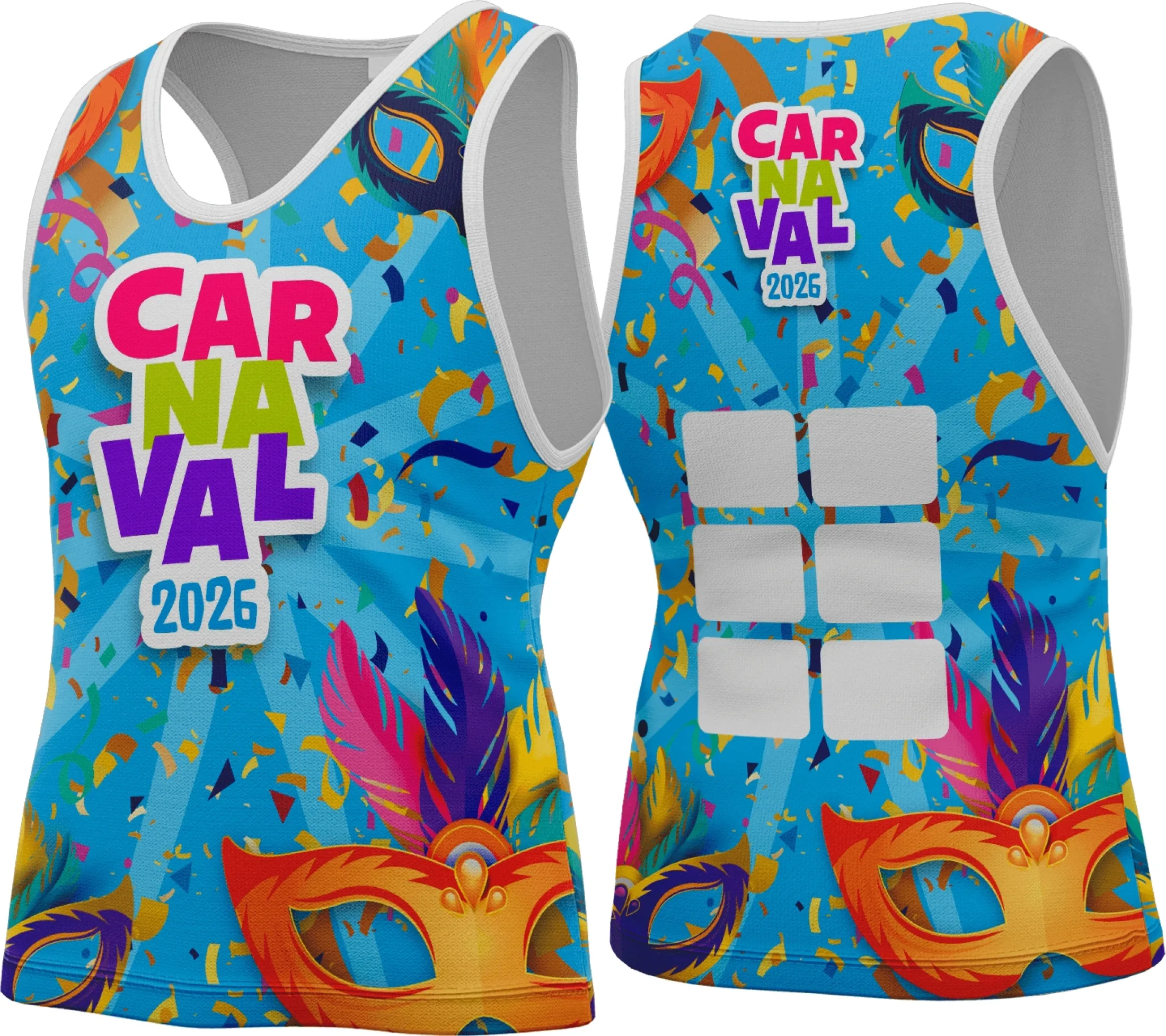 Camiseta unissex branca com logo no peito e estampa grande nas costas celebrando o tema Camisa Abadá Carnaval 2026, ideal para festa e eventos festivos com design vibrante e alegre.