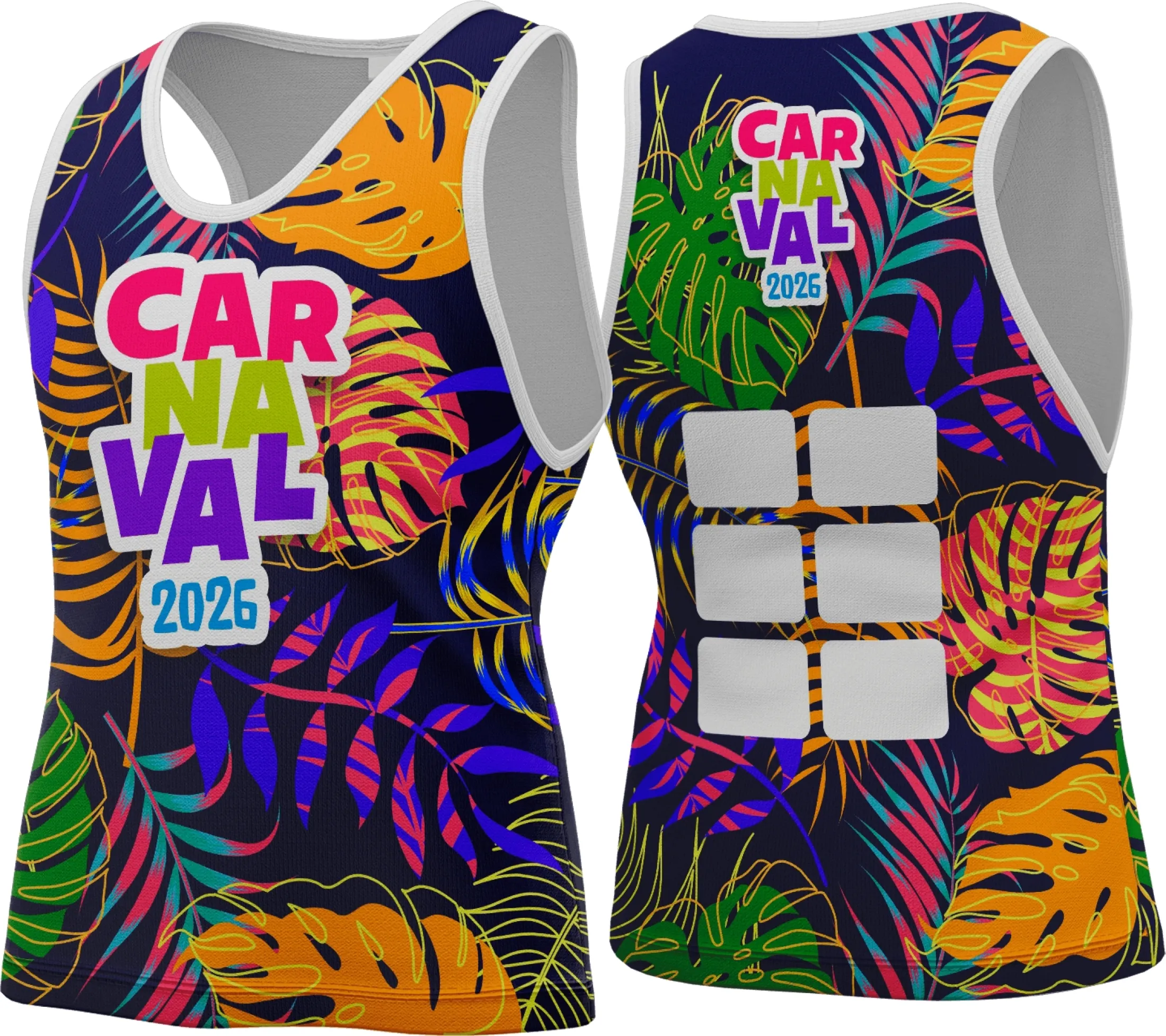 Camiseta unissex branca com logo no peito e estampa grande nas costas com tema Abadá Carnaval 2026, design vibrante e alegre para festa e folia.
