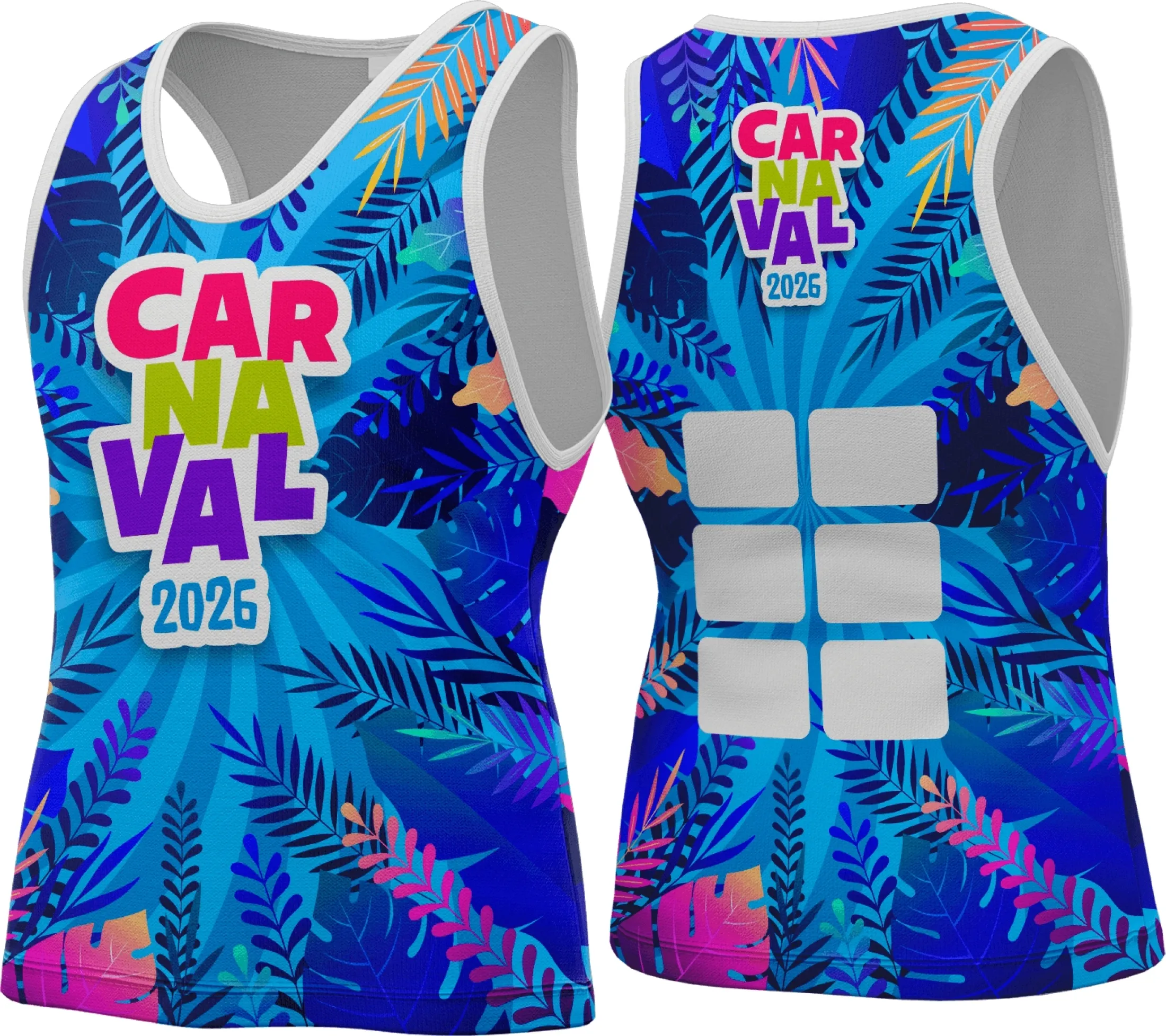 Camiseta unissex branca com logo no peito e estampa grande nas costas temática de Abadá Carnaval 2026, perfeita para curtir a folia com estilo e conforto.