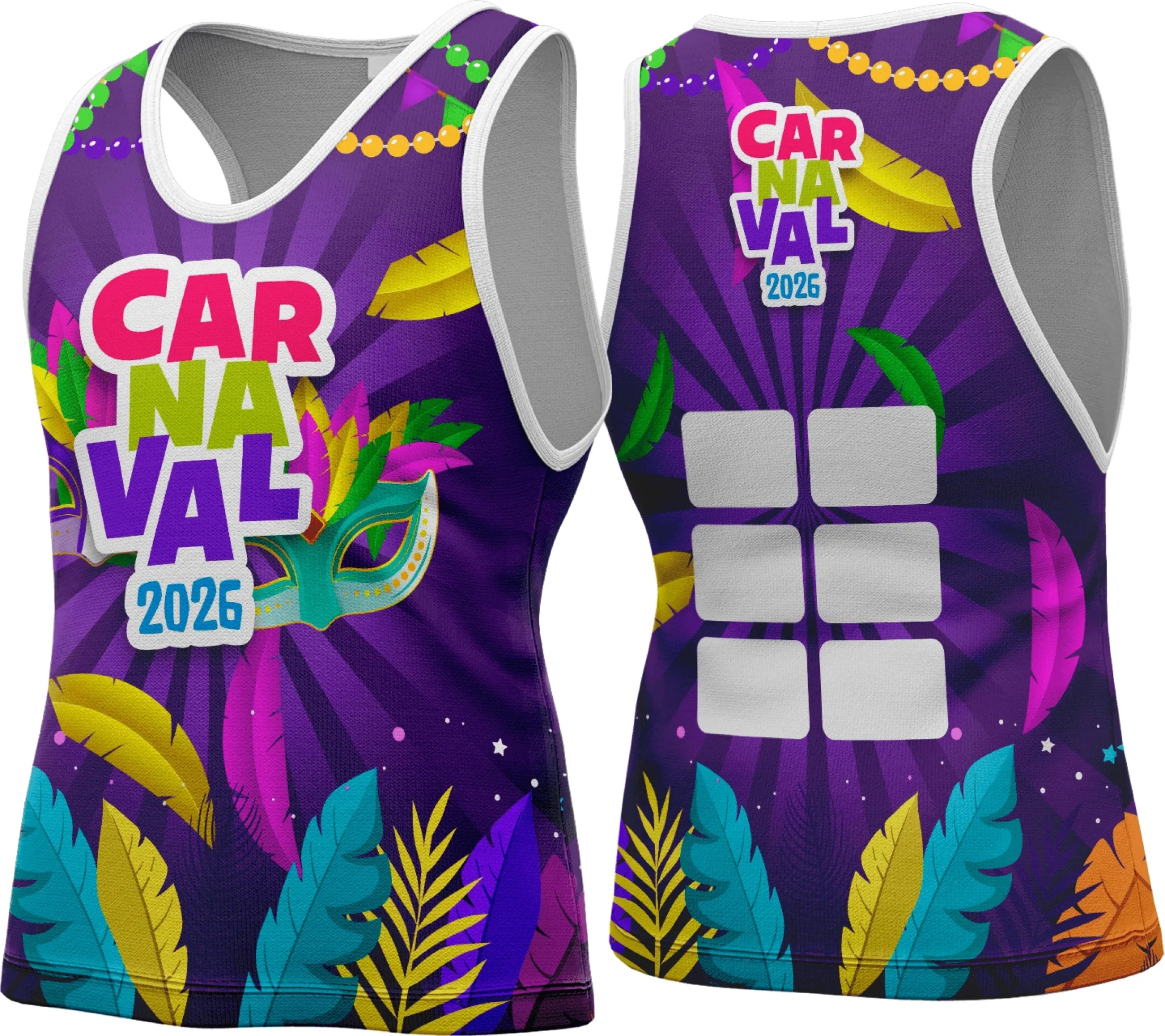 Camiseta unissex branca com logo no peito e estampa grande nas costas com tema de Abadá Carnaval 2026, vibrante e cheia de energia, perfeita para a folia.