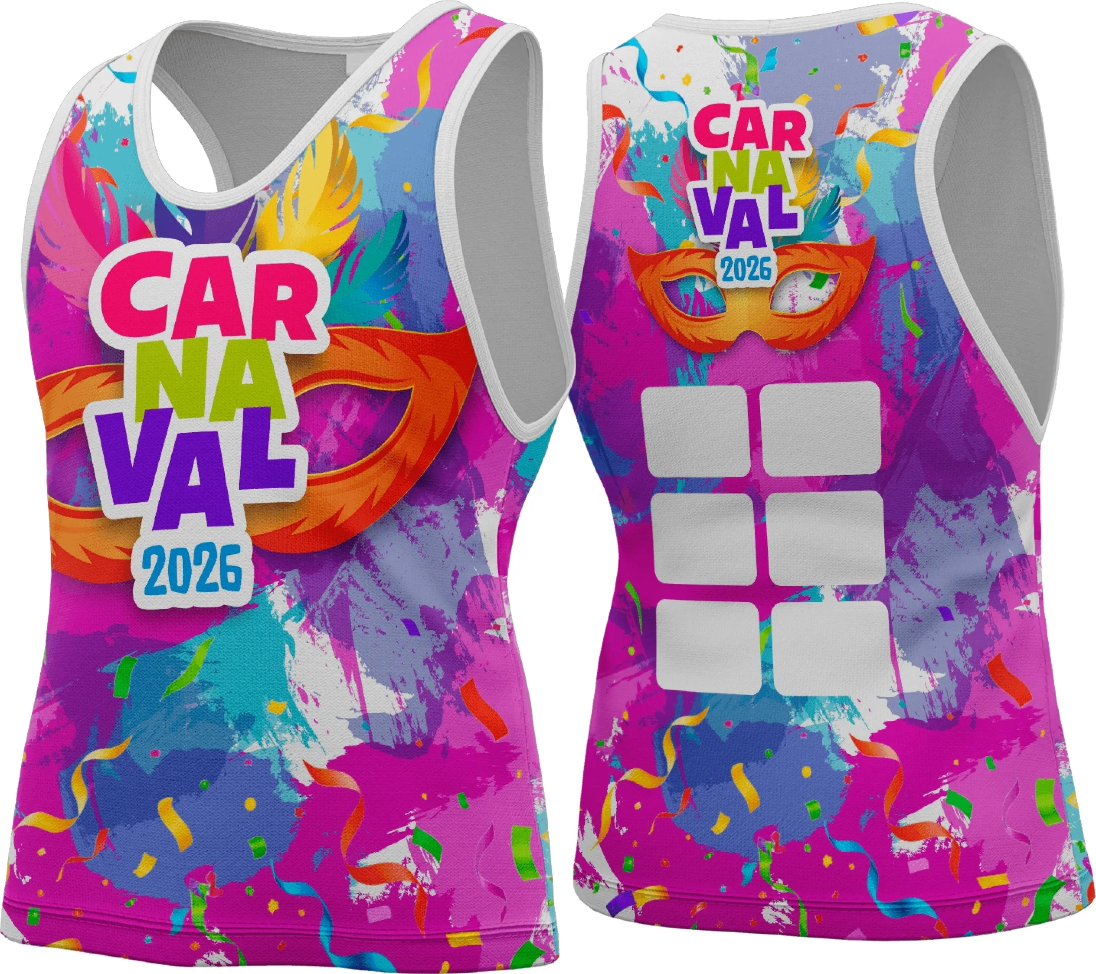 Camiseta unissex branca com logo no peito e estampa grande nas costas com o tema de Abadá Carnaval 2026, ideal para festas e blocos, visual alegre e vibrante.