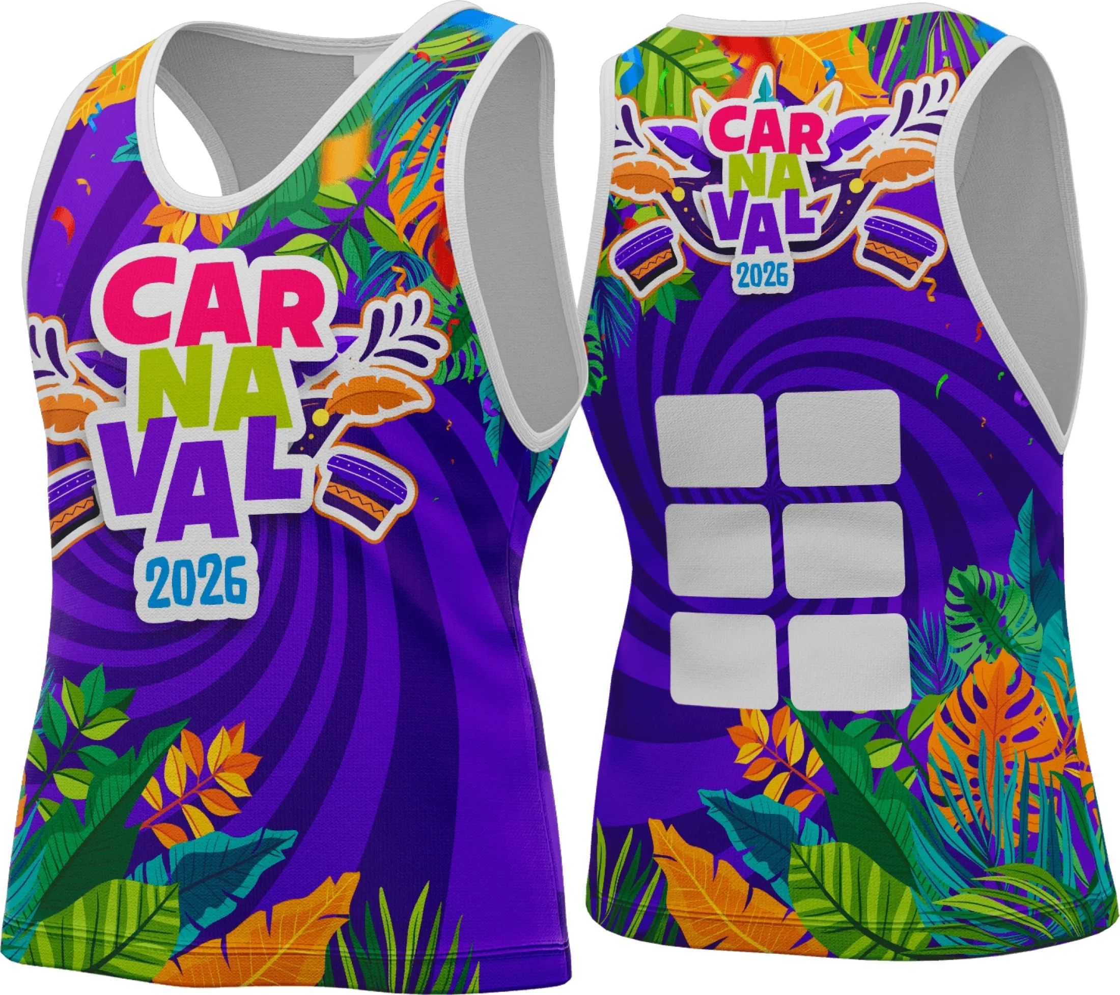 Camiseta unissex branca com logo no peito e estampa grande nas costas, tema Abadá Carnaval 2026, perfeita para comemorações e festas, super confortável e estilosa.