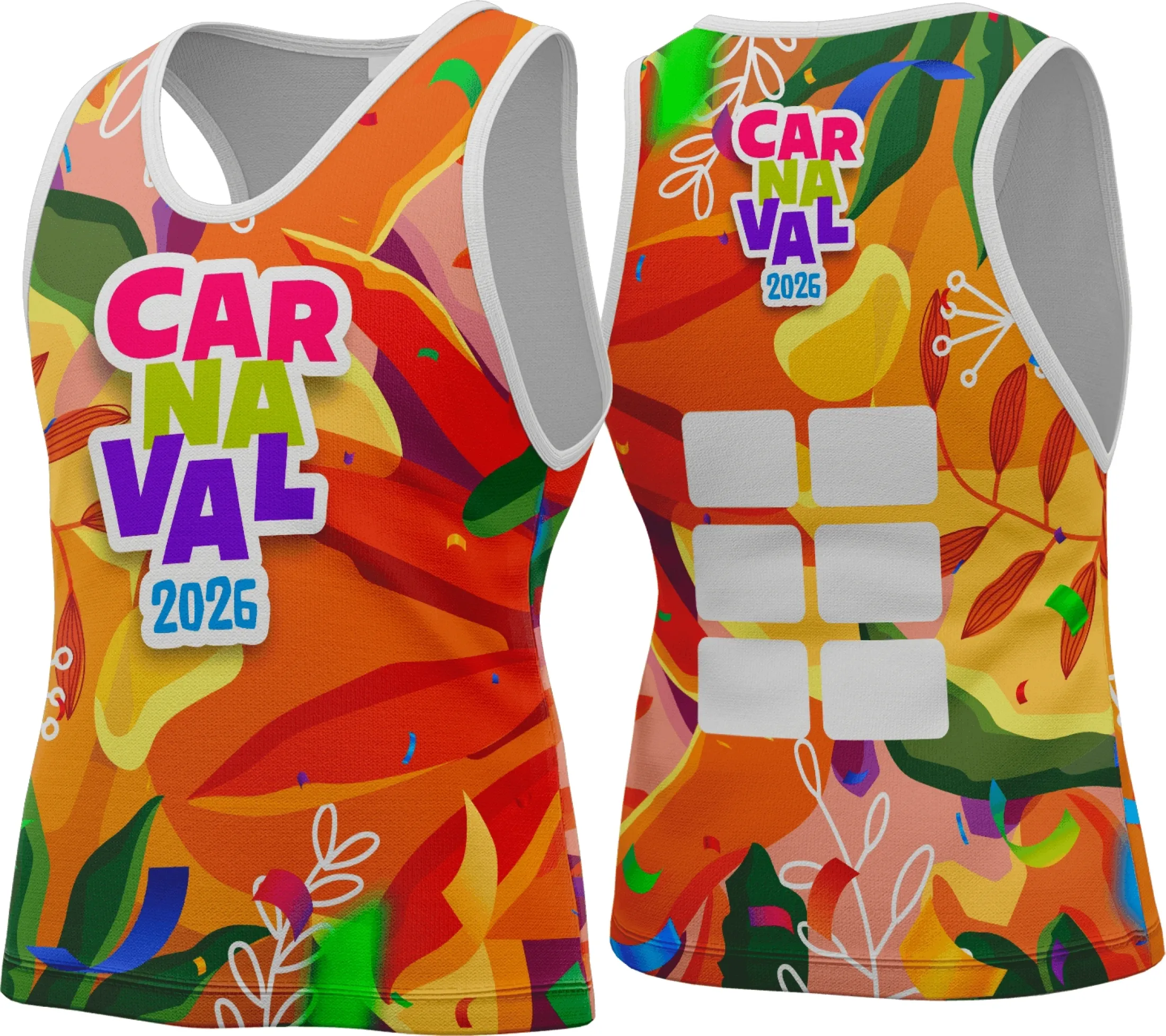 Camiseta unissex com base branca, logo no peito e estampa grande nas costas com tema Carnaval 2026, ideal para a folia, destacando cores vibrantes e design moderno.