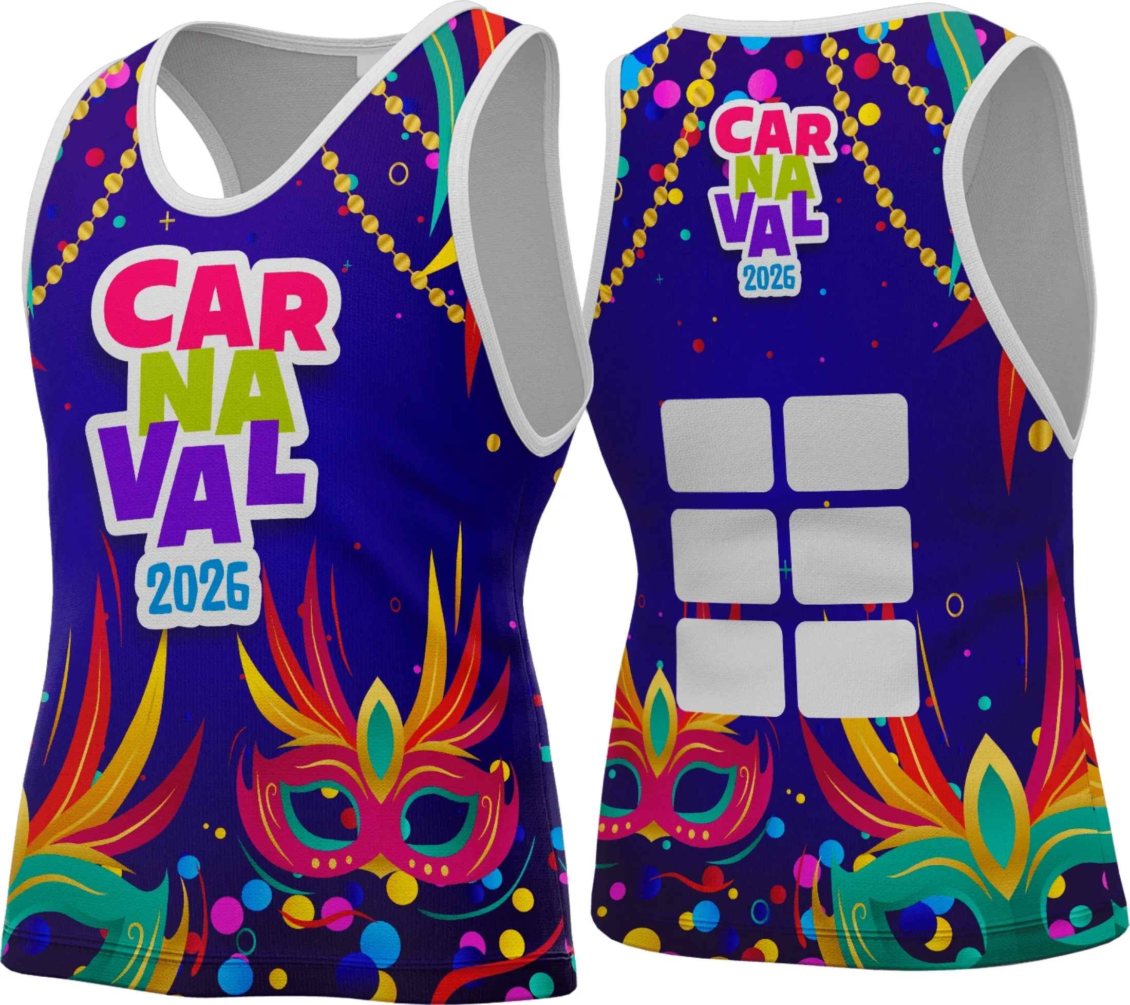 Foto de camiseta unissex branca com logo no peito e estampa grande nas costas inspirada no Abadá Carnaval 2026, ideal para festa e celebração.