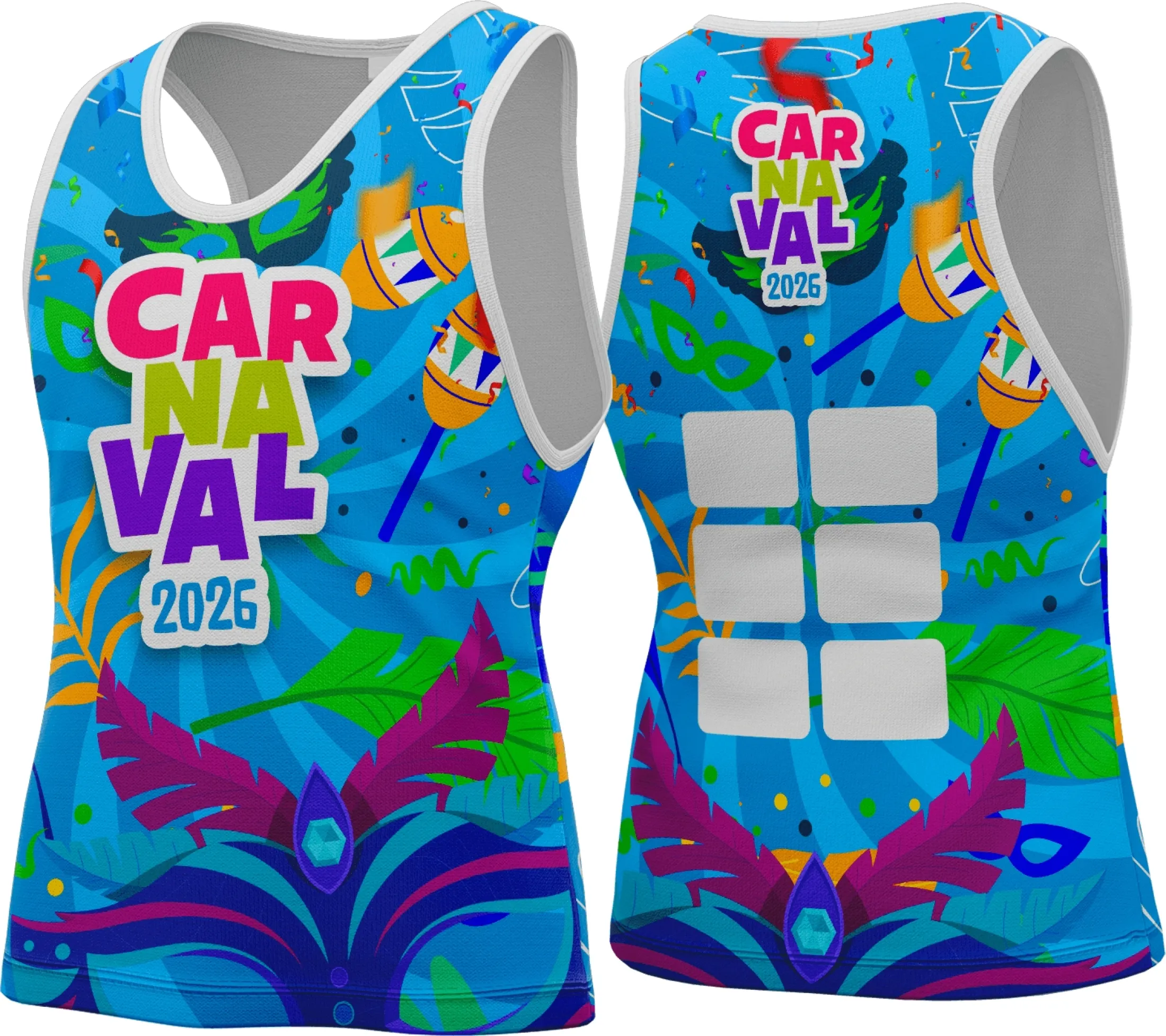 Foto de camiseta unissex branca, com logo no peito e estampa grande nas costas, tema Abadá Carnaval 2026 vibrante e colorido, ideal para festas e blocos de rua.