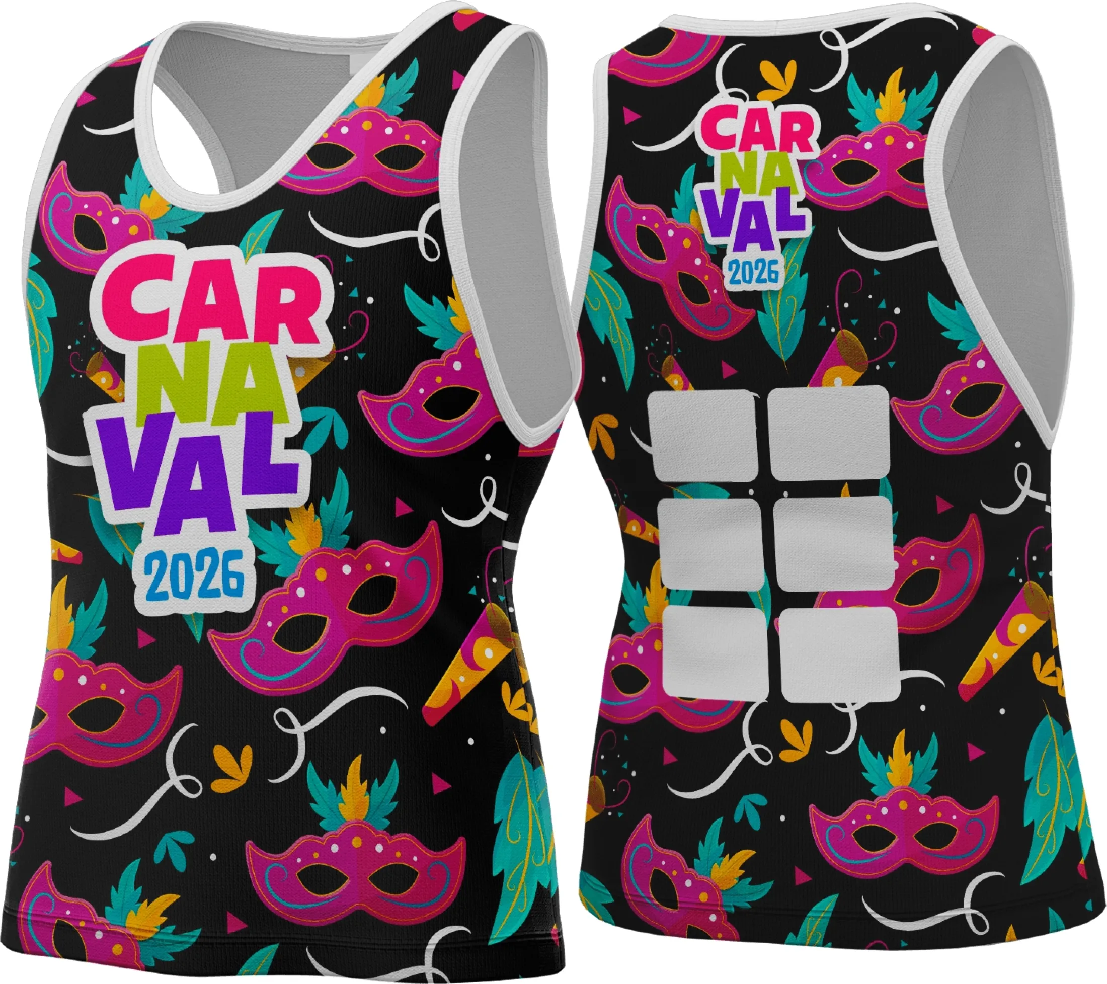 Camiseta unissex branca com logo no peito e estampa grande nas costas com tema Abadá Carnaval 2026, ideal para curtir a folia com estilo e conforto.