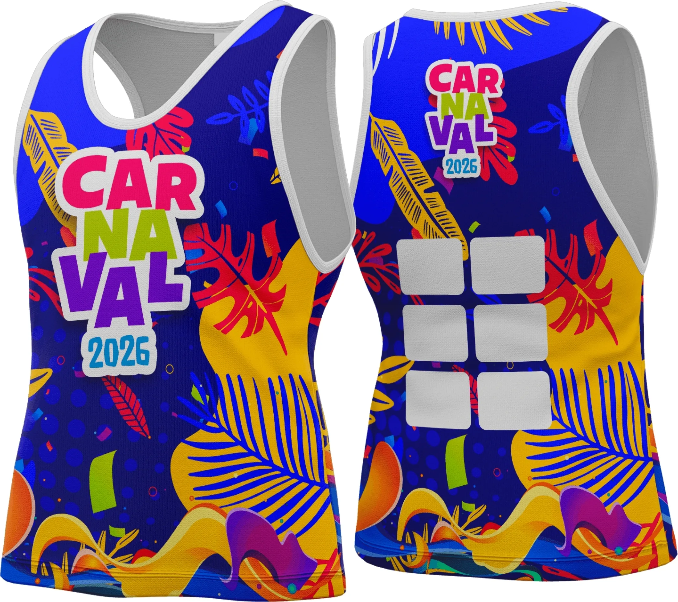 Camiseta unissex branca com logo no peito e estampa grande nas costas com tema Abadá Carnaval 2026, perfeita para curtir a folia com estilo e conforto.