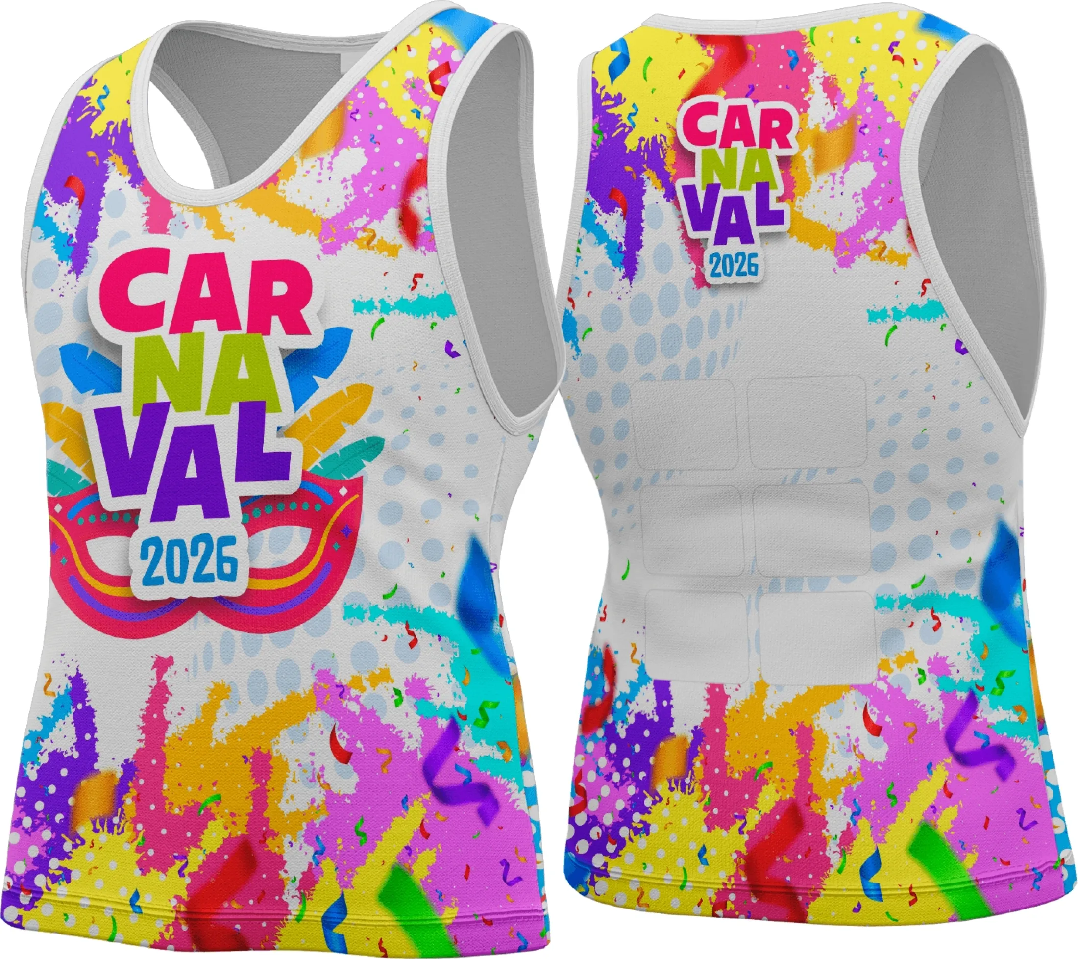 Camiseta unissex branca com logo no peito e estampa grande nas costas, trazendo tema da camisa Abadá Carnaval 2026, perfeita para festa e folia.