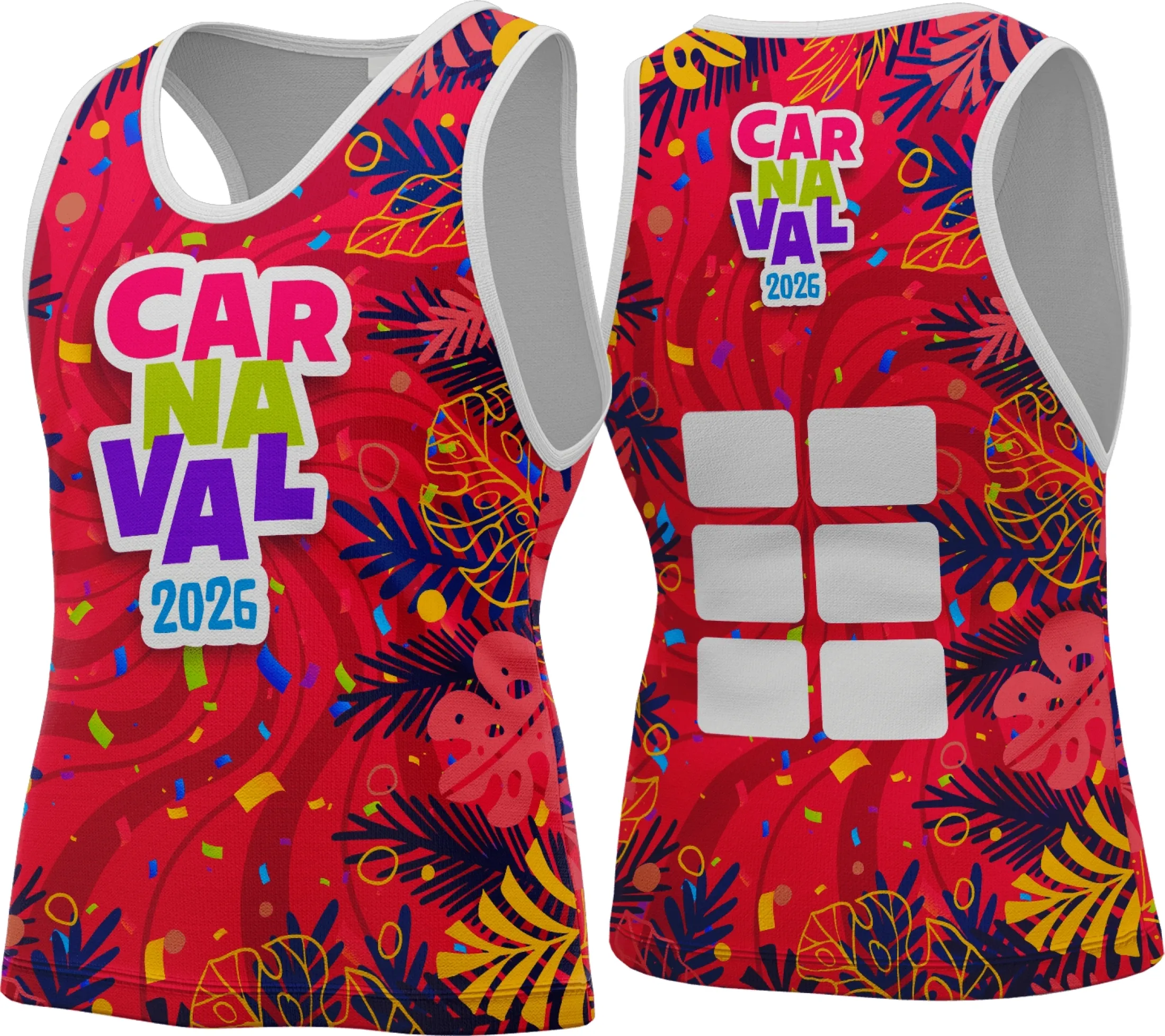 Camiseta unissex branca com logo no peito e estampa grande nas costas inspirada no tema Abadá Carnaval 2026, estilo vibrante e festivo para curtir o carnaval com conforto e estilo.